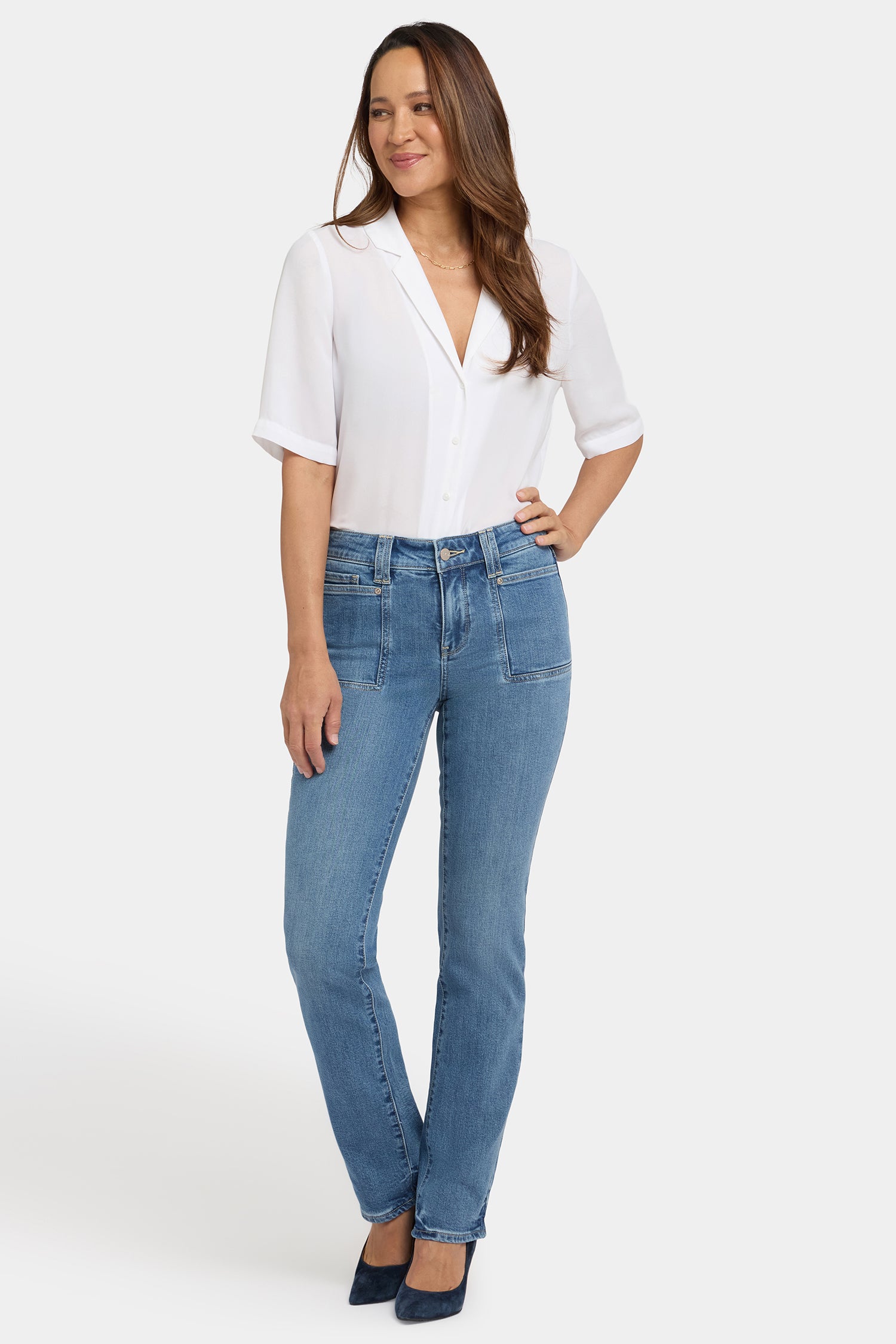 NYDJ Marilyn Straight Jeans In Petite With Front Patch Pockets - Bastille Sea