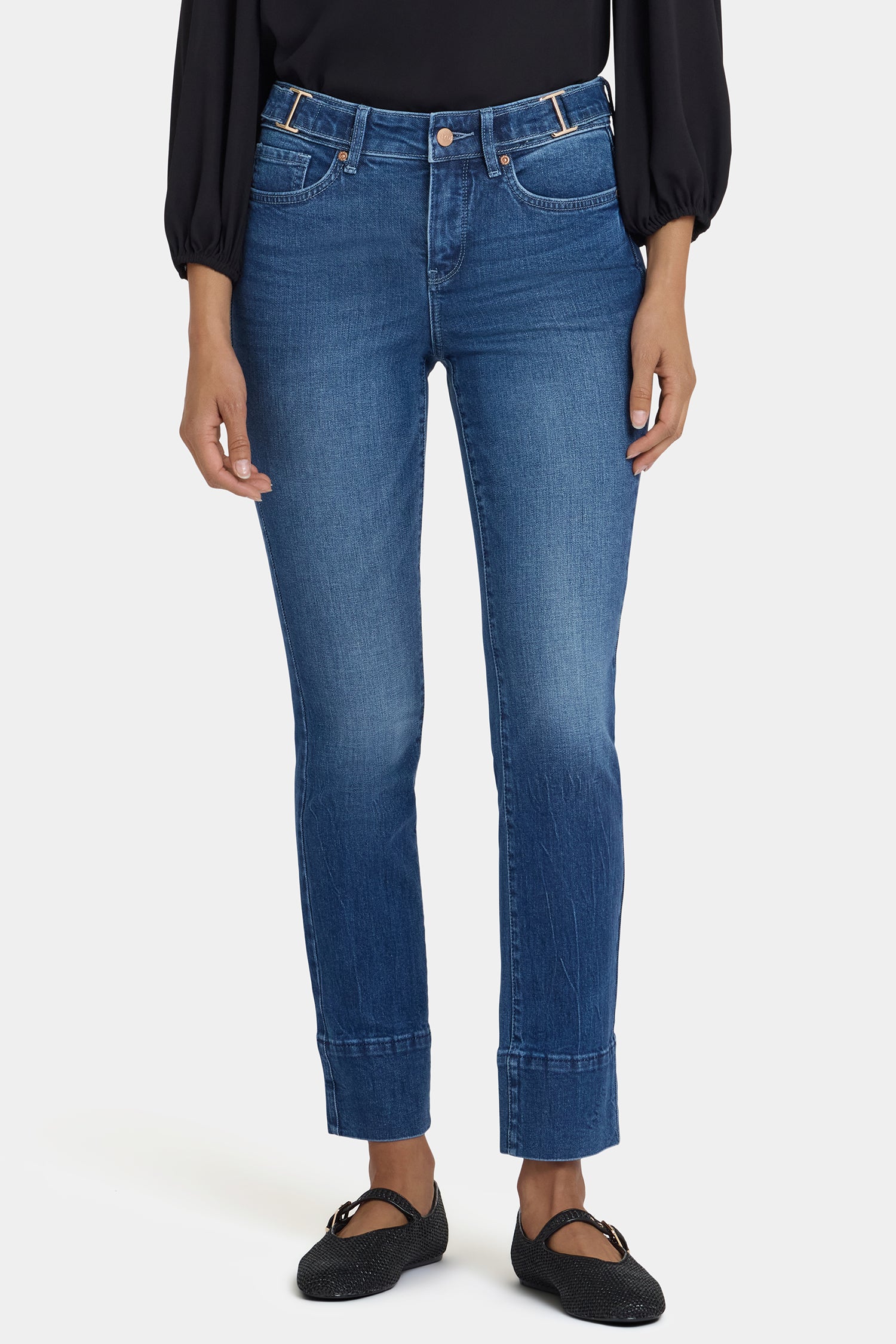 NYDJ Sheri Slim Jeans In Petite With Waistband Buckle Detail - Cool Marine