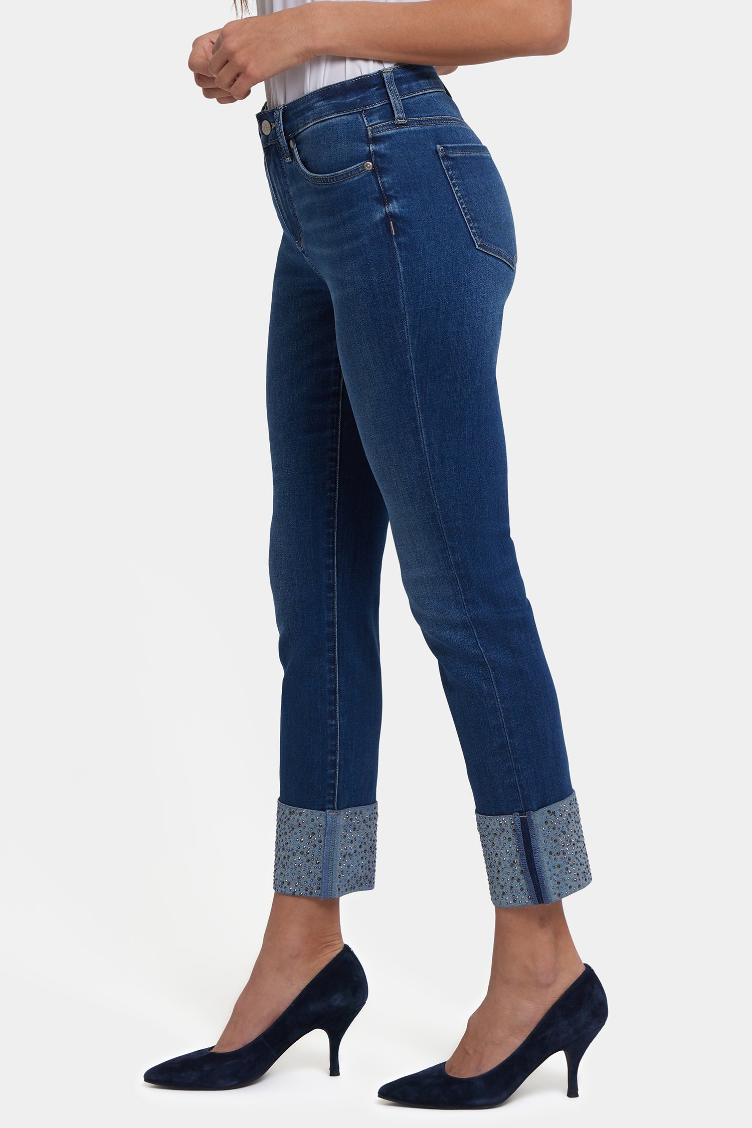 NYDJ Sheri Slim Ankle Jeans In Petite With Rhinestone Cuffs - Vintage Lapis