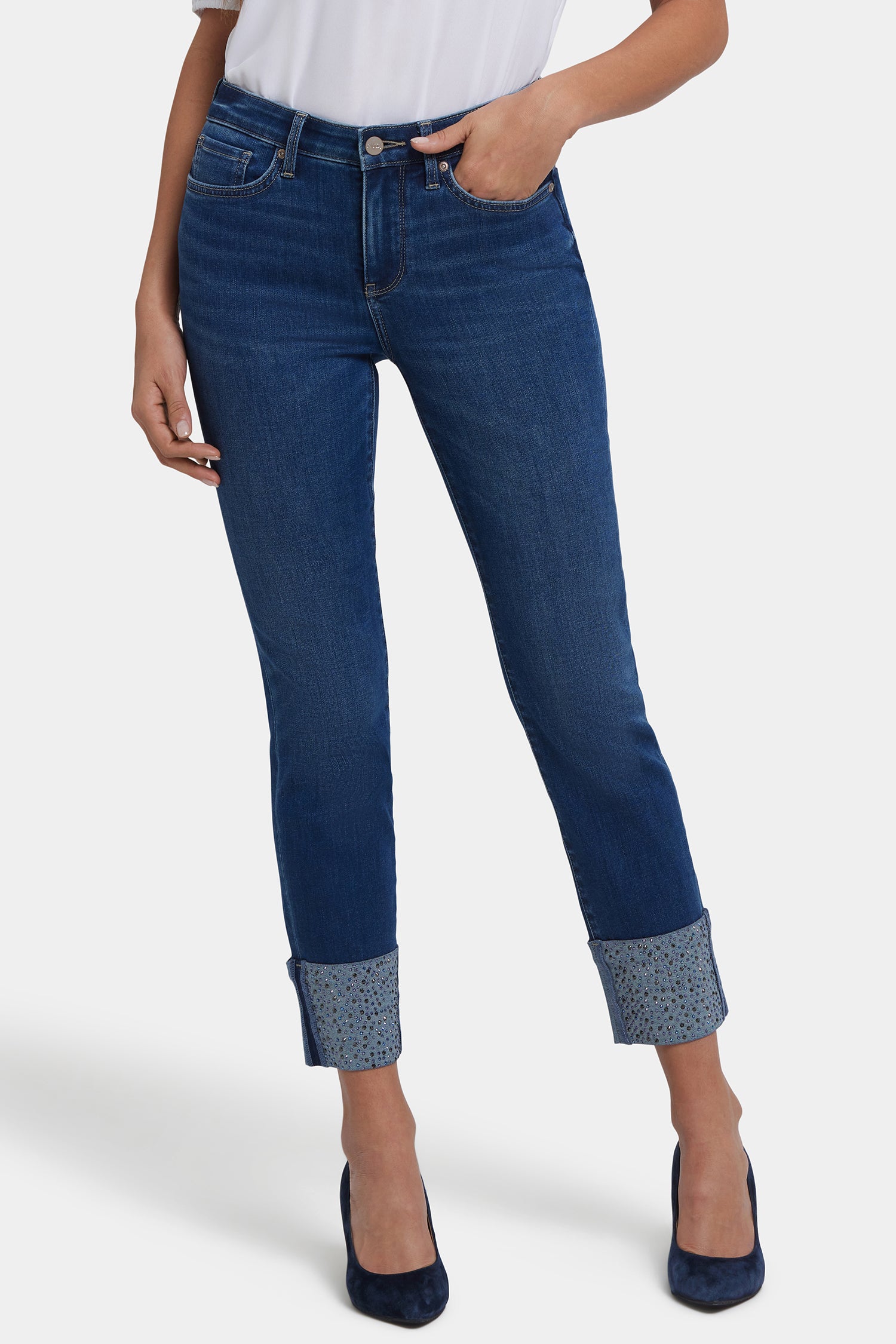 NYDJ Sheri Slim Ankle Jeans In Petite With Rhinestone Cuffs - Vintage Lapis