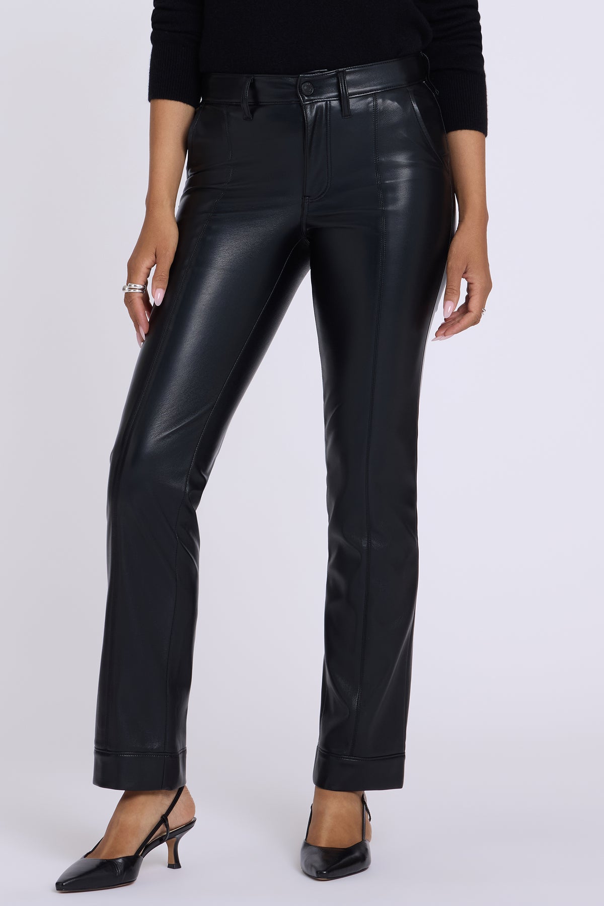 NYDJ Vegan Leather Marilyn Straight Pants With Band Hems In Petite Sculpt-Her™ Collection - Black
