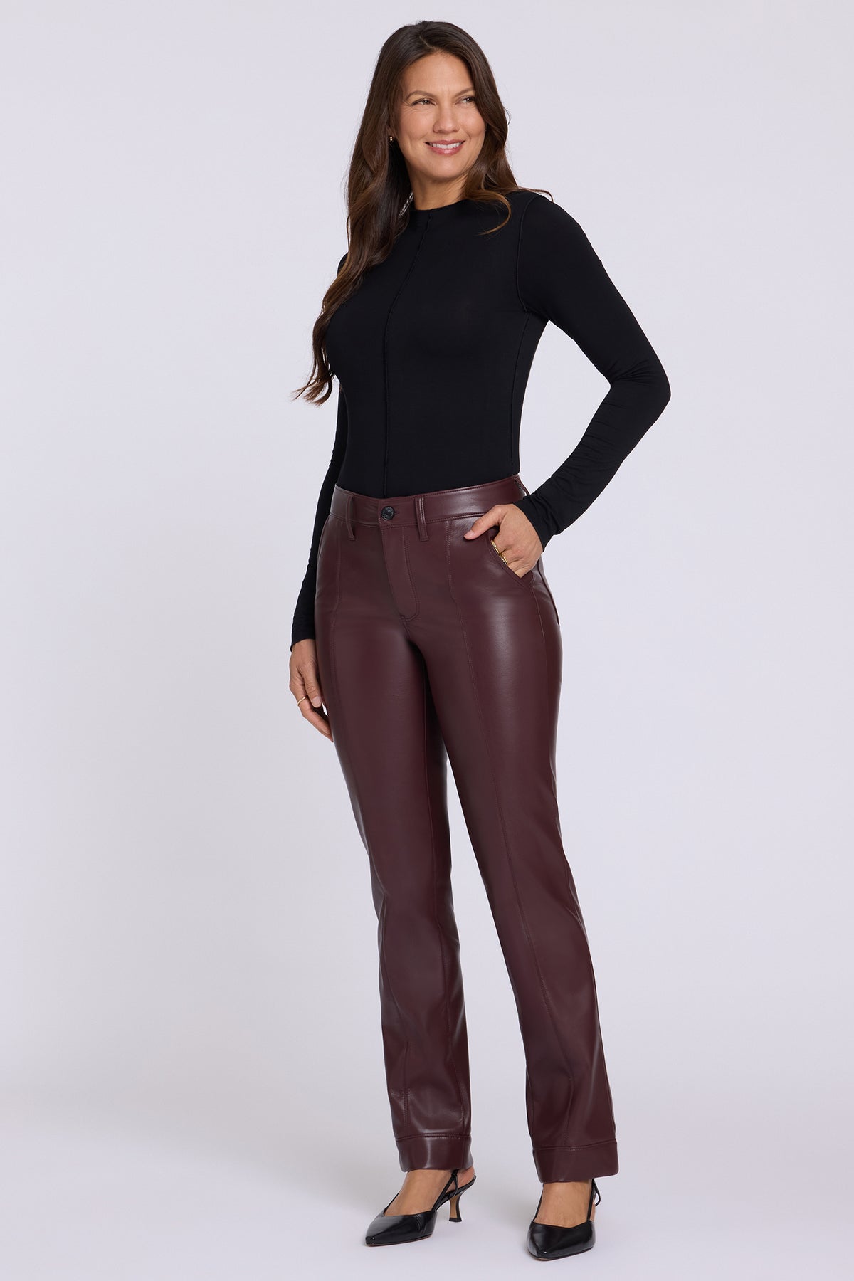 NYDJ Vegan Leather Marilyn Straight Pants With Band Hems In Petite Sculpt-Her™ Collection - Bitter Chocolate