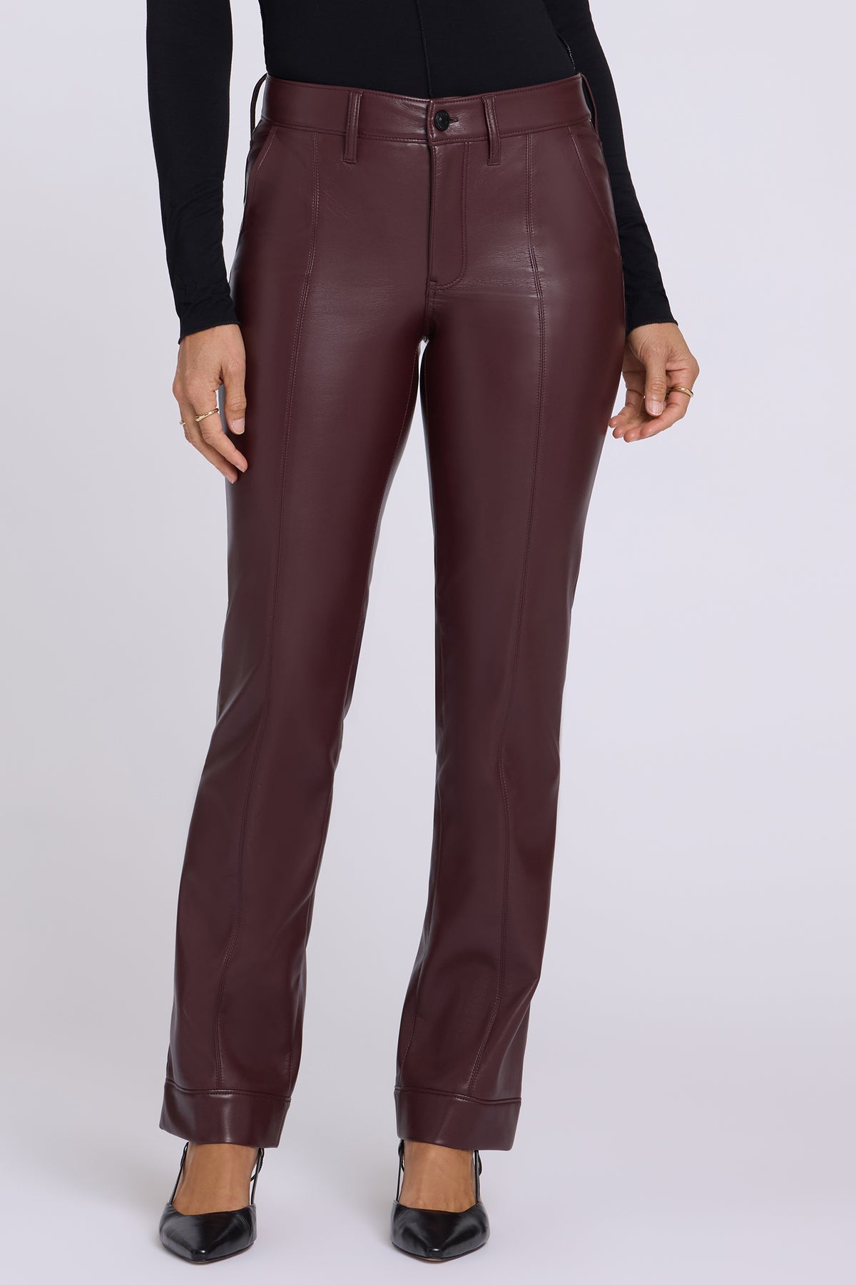 NYDJ Vegan Leather Marilyn Straight Pants With Band Hems In Petite Sculpt-Her™ Collection - Bitter Chocolate