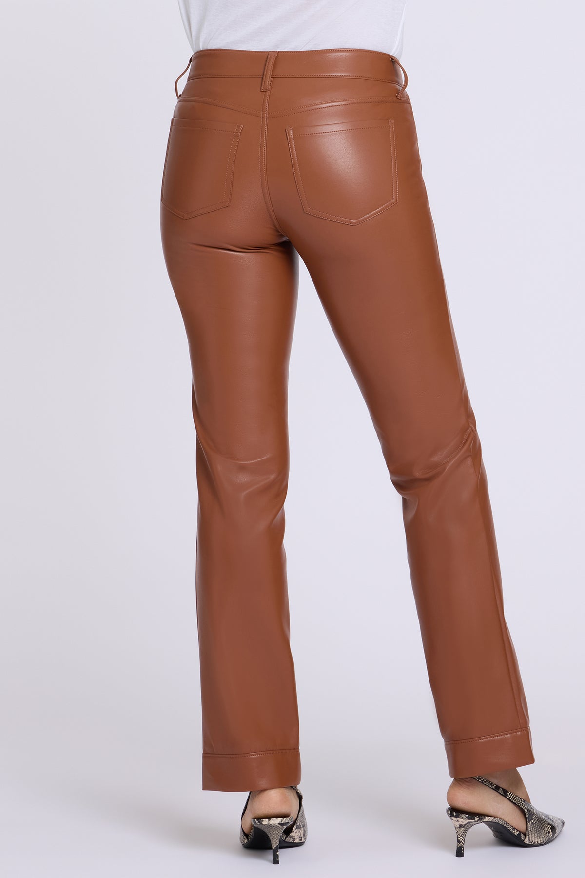 NYDJ Vegan Leather Marilyn Straight Pants With Band Hems In Petite Sculpt-Her™ Collection - Mocha Bisque