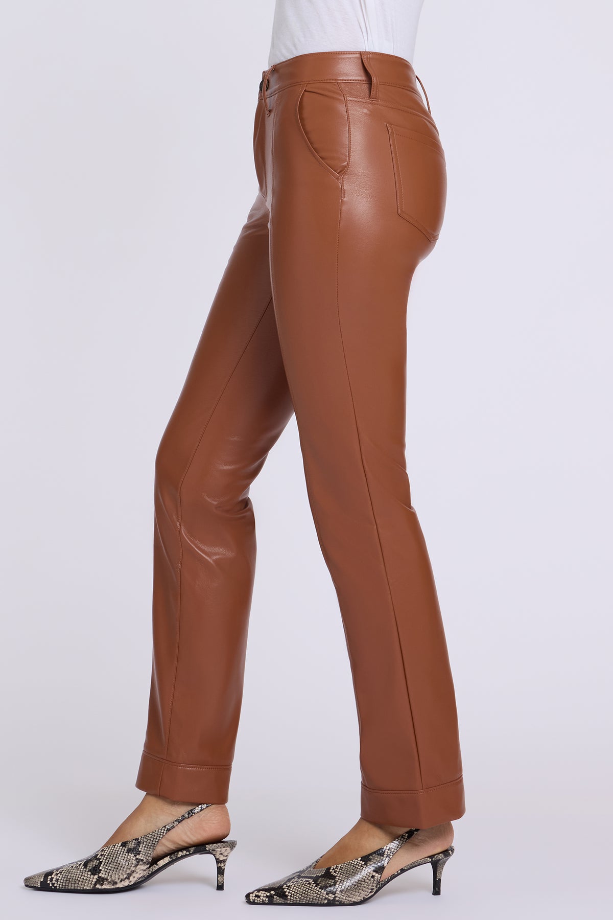 NYDJ Vegan Leather Marilyn Straight Pants With Band Hems In Petite Sculpt-Her™ Collection - Mocha Bisque