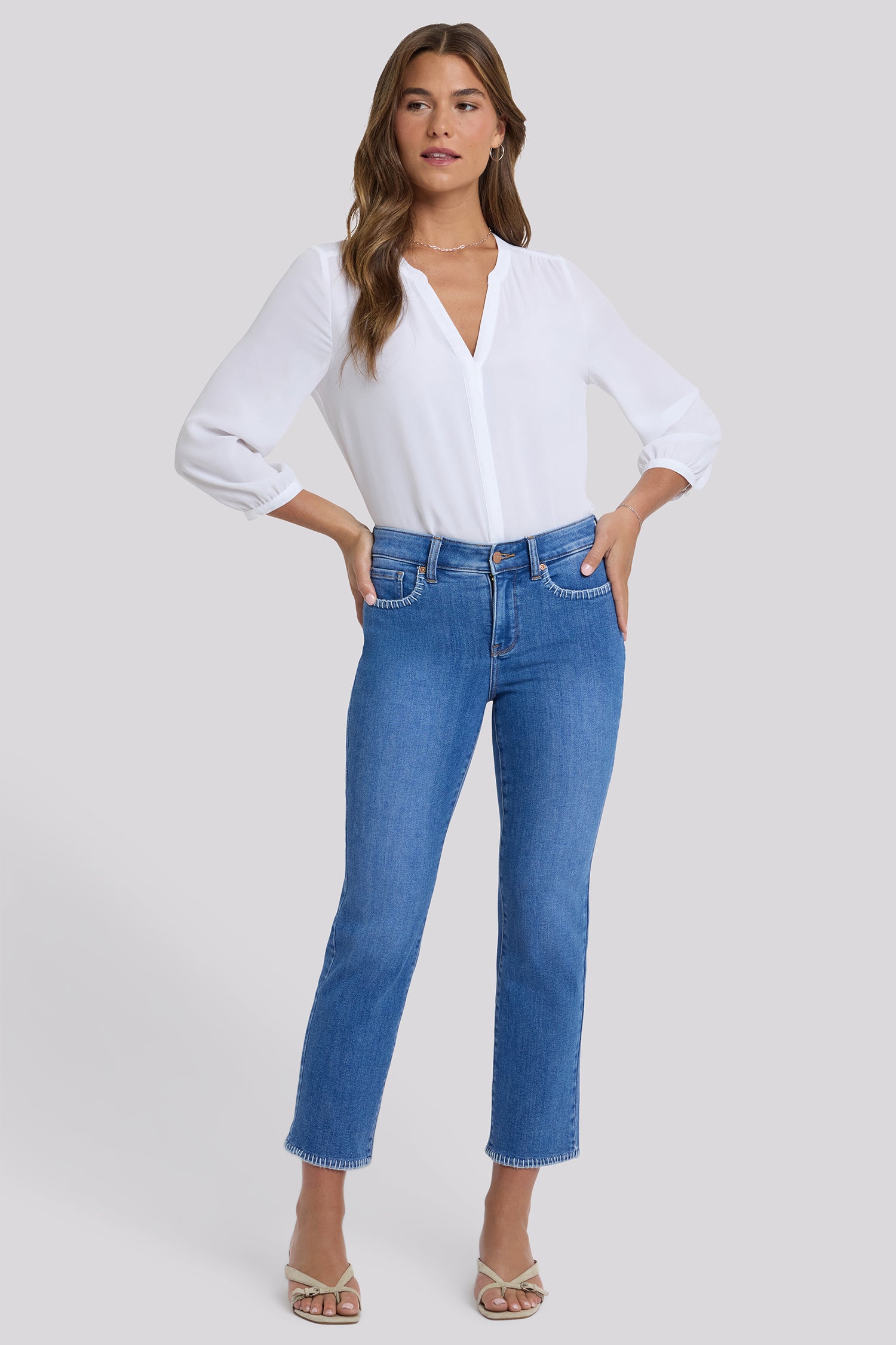 NYDJ Marilyn Straight Ankle Jeans In Petite With Blanket Stitching - Blue Paradise