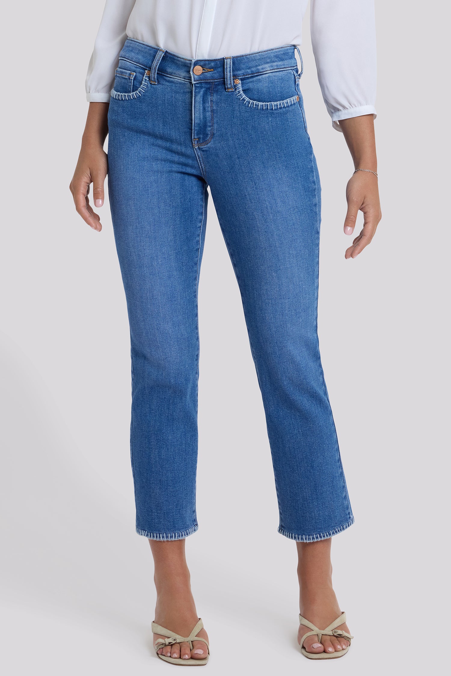 NYDJ Marilyn Straight Ankle Jeans In Petite With Blanket Stitching - Blue Paradise