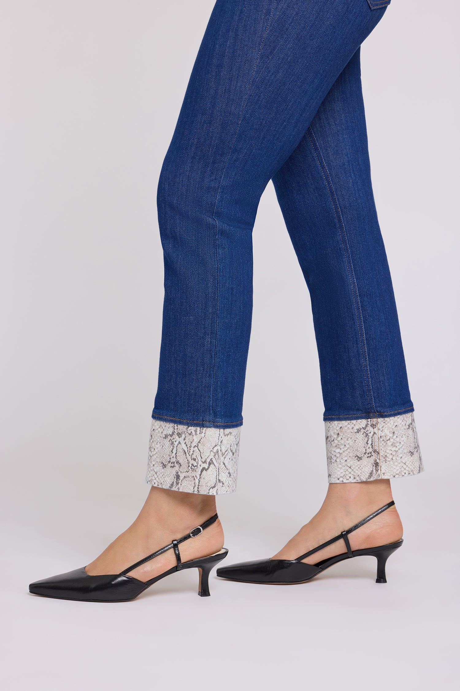 NYDJ Marilyn Straight Jeans In Petite With High Rise, Python Print Cuffs and 28" Inseam - Blue Rinse