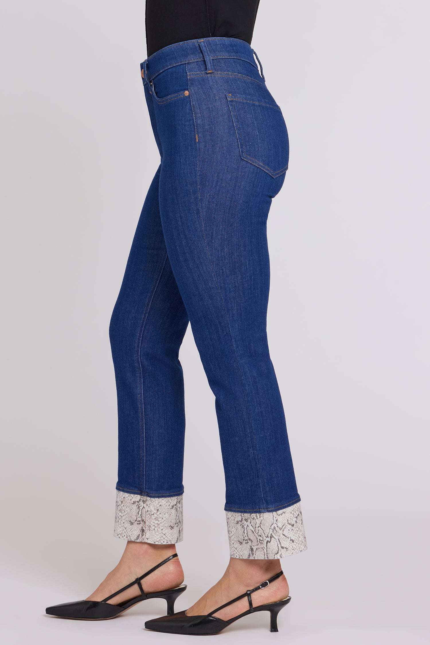 NYDJ Marilyn Straight Jeans In Petite With High Rise, Python Print Cuffs and 28" Inseam - Blue Rinse