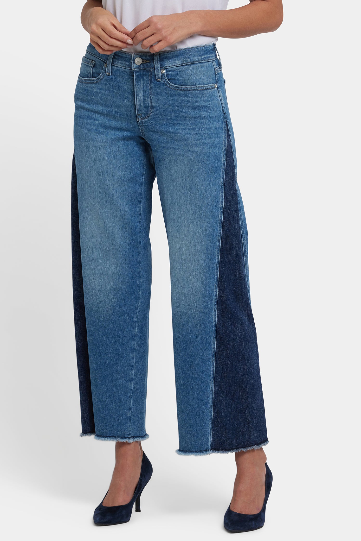 NYDJ Teresa Wide Leg Jeans In Petite With Contrast Side Panels, Frayed Hems And 27