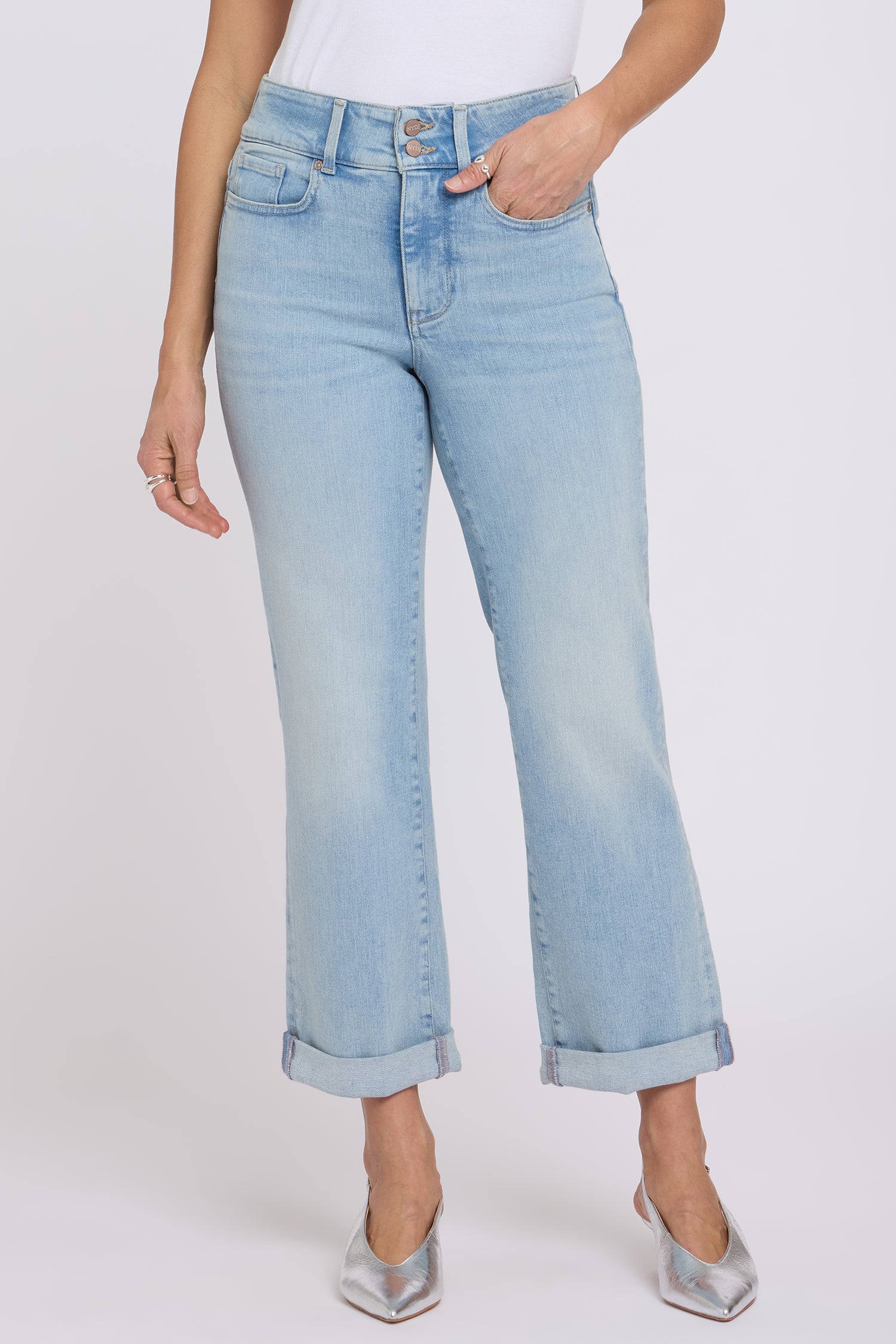NYDJ Bailey Relaxed Straight Crop Jeans In Petite In Re-New™ Denim With High Rise And Roll Cuffs - Keys View