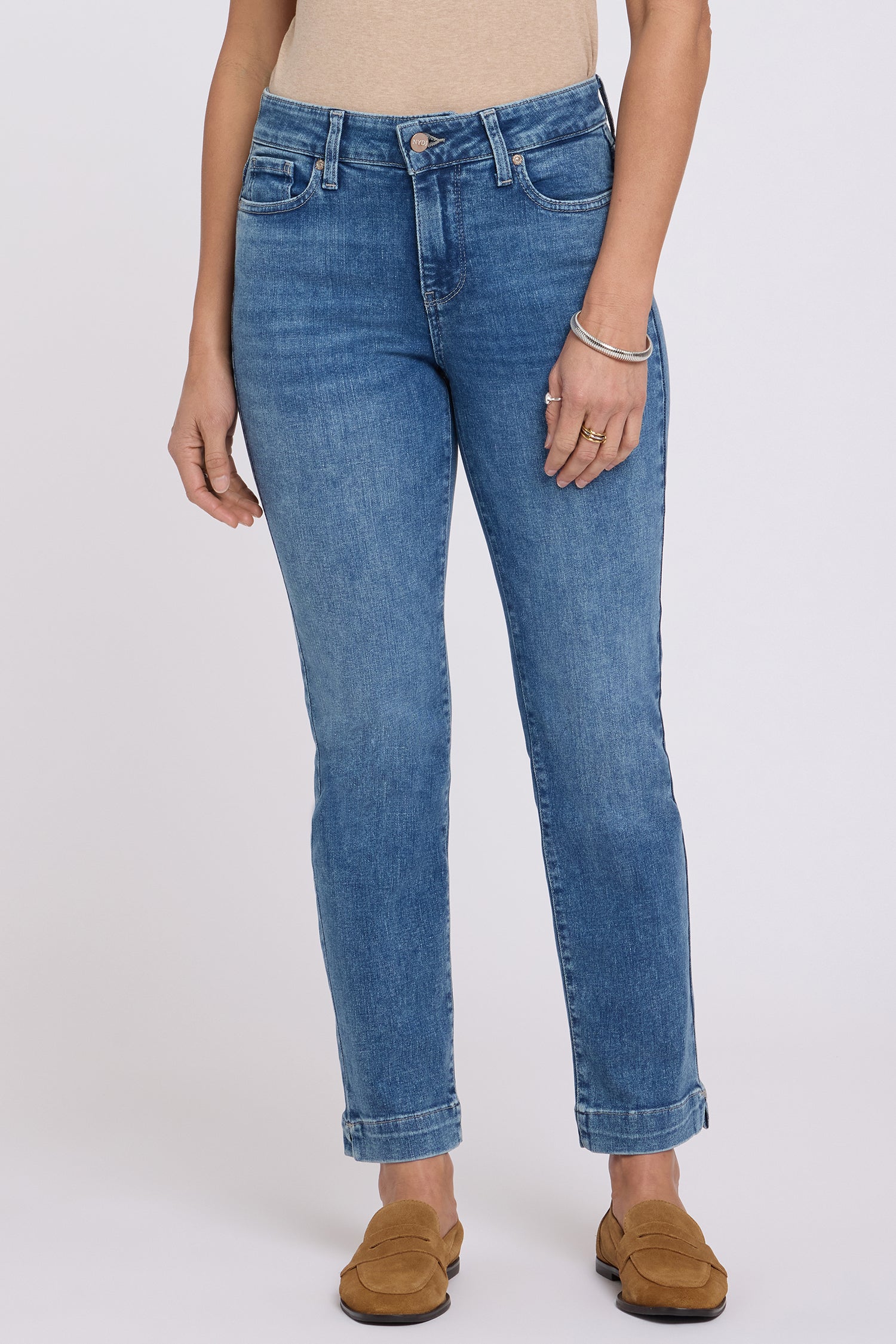 NYDJ Sheri Slim Straight Ankle Jeans In Petite In Re-New™ Denim With Criss-Cross Belt Loop And Side Slits - Breezy Palms