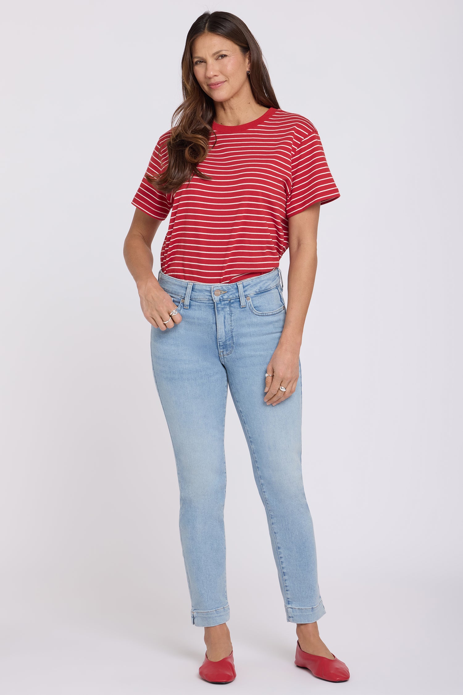 NYDJ Sheri Slim Straight Ankle Jeans In Petite In Re-New™ Denim With Criss-Cross Belt Loop And Side Slits - Keys View