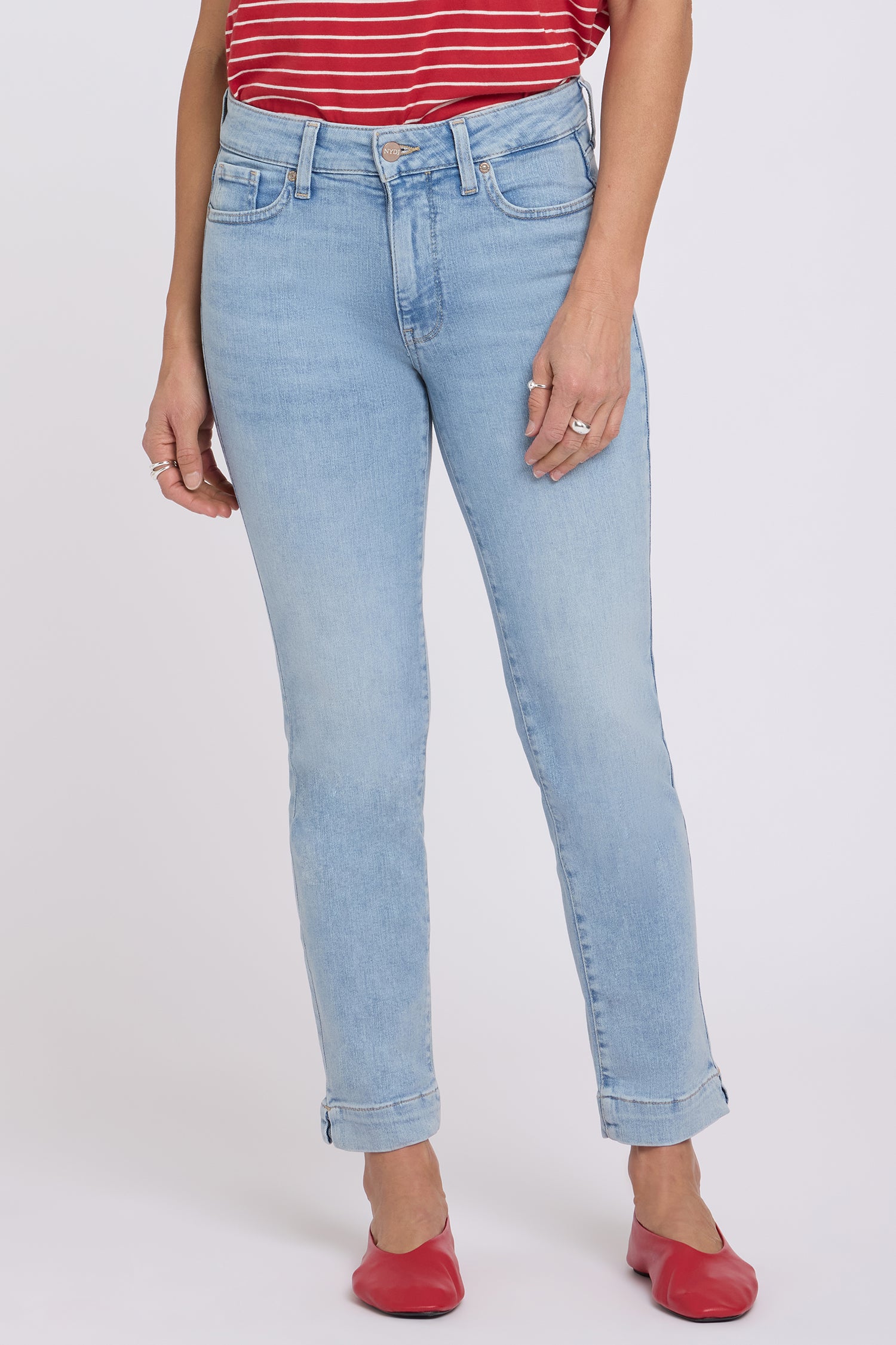 NYDJ Sheri Slim Straight Ankle Jeans In Petite In Re-New™ Denim With Criss-Cross Belt Loop And Side Slits - Keys View