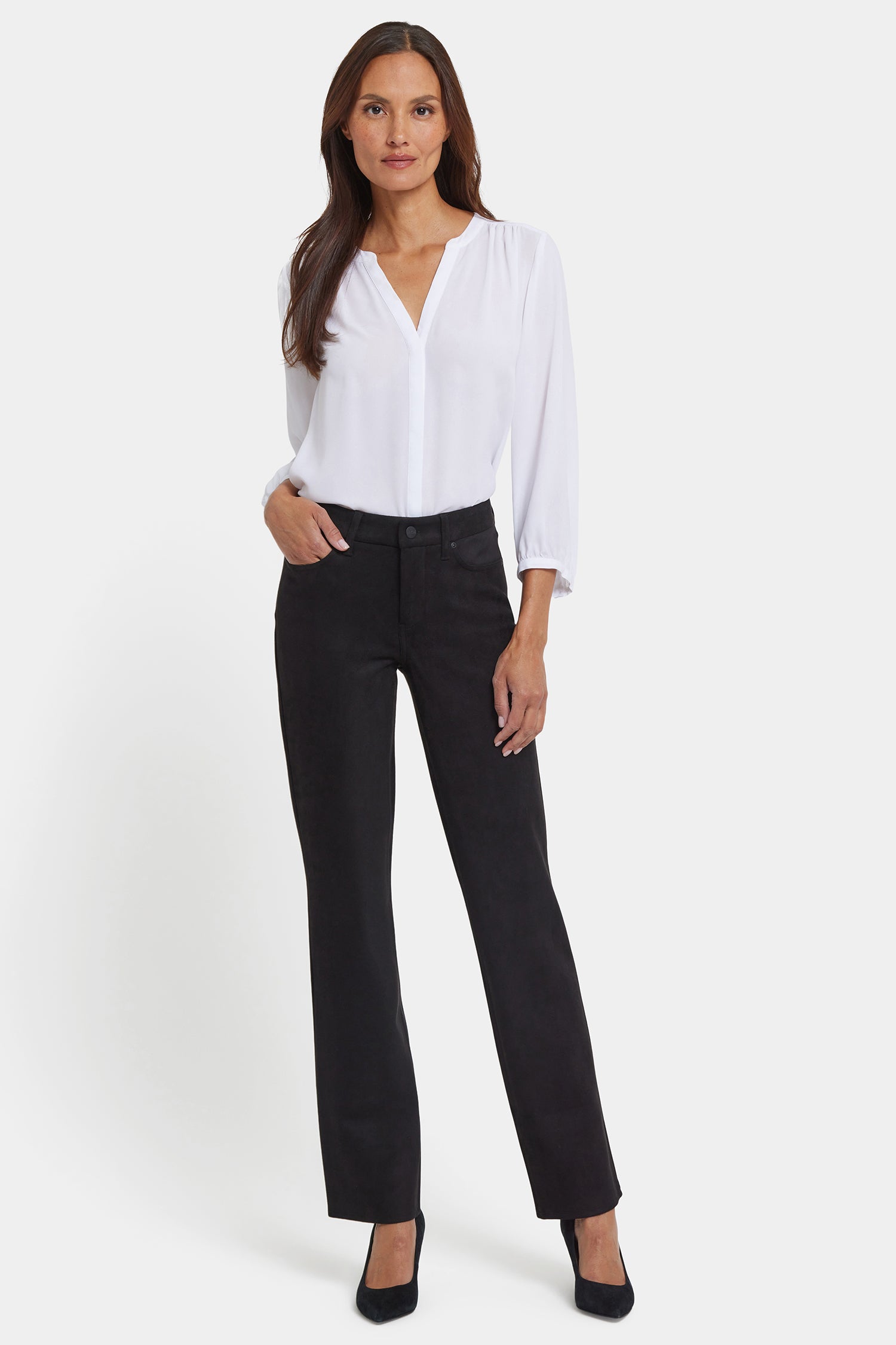 NYDJ Marilyn Straight Pants In Petite In Stretch Faux Suede - Black