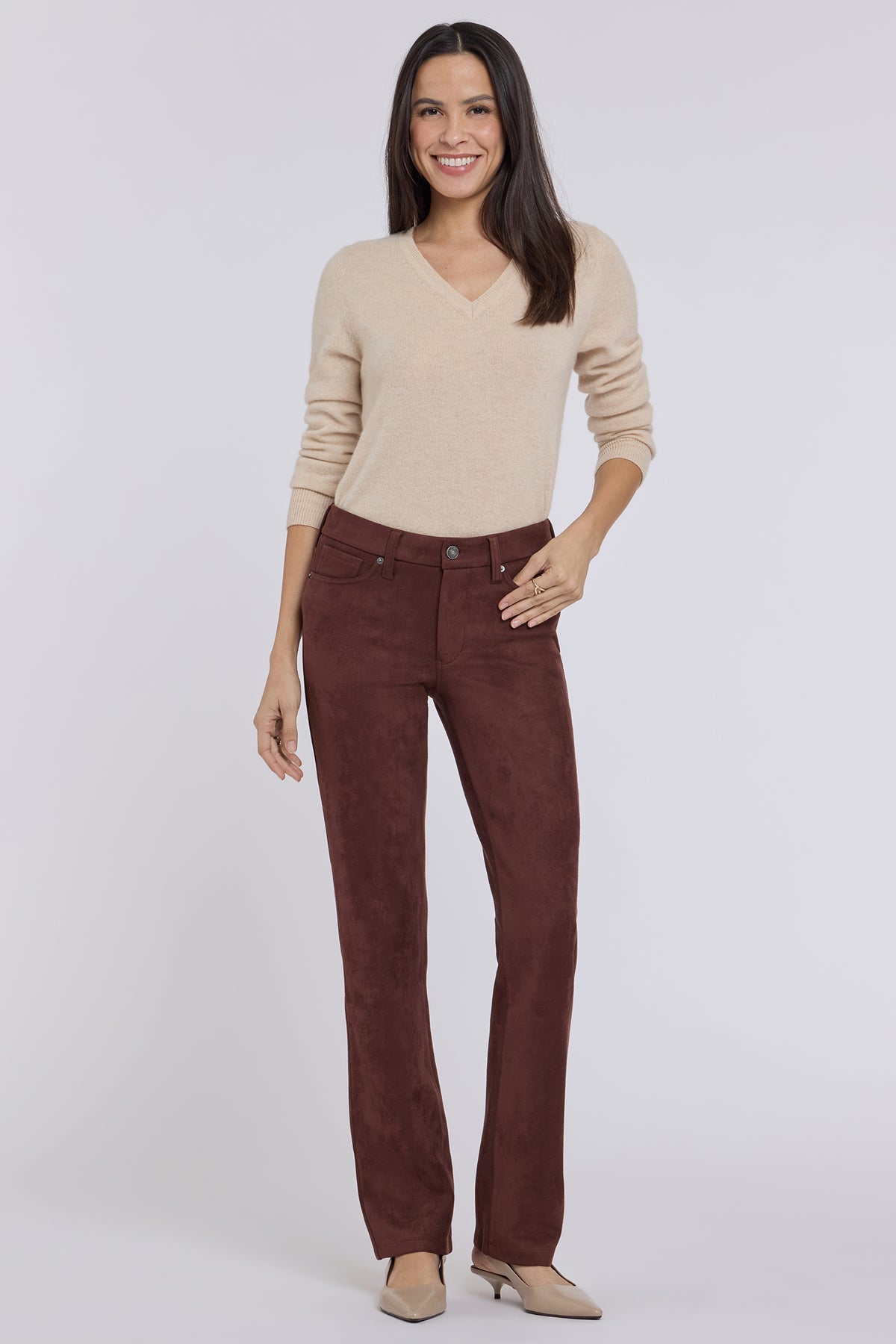 NYDJ Faux Suede Marilyn Straight Pants In Petite Sculpt-Her™ Collection - Chocolate Fondant