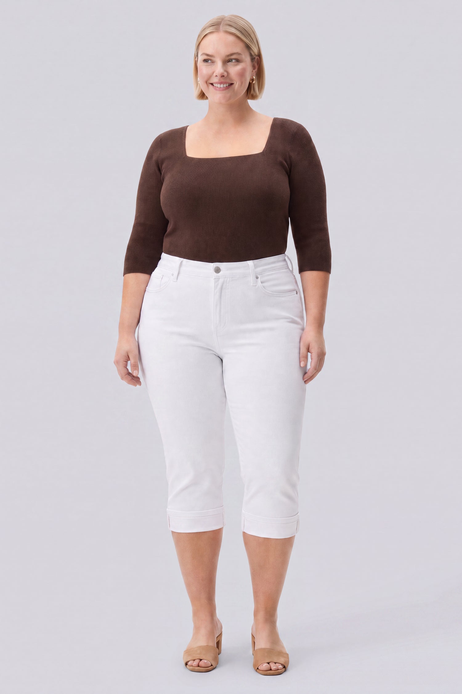 NYDJ Marilyn Straight Crop Jeans In Plus Size In Cool Embrace® Denim With Cuffs - Optic White