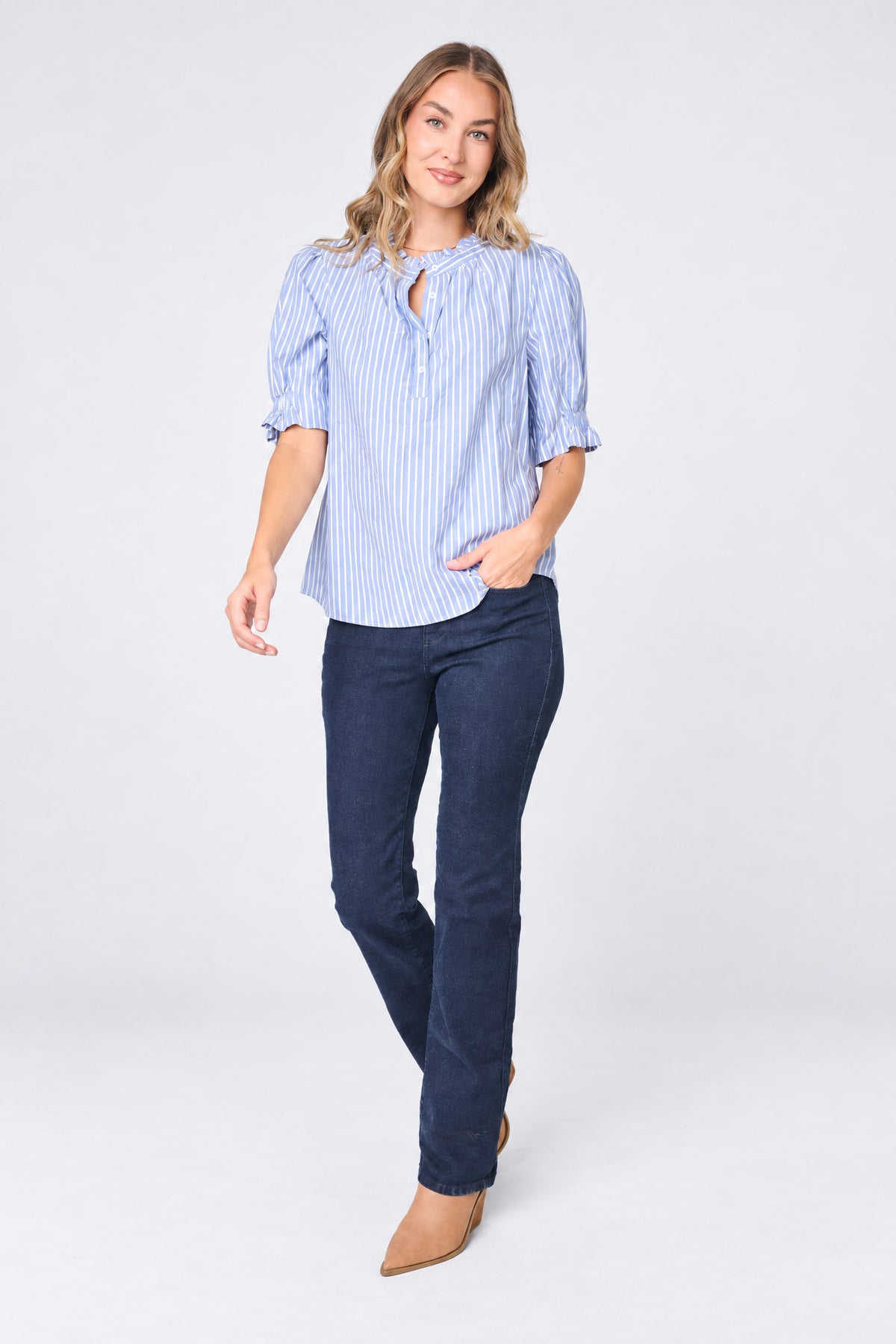 NYDJ Dianthus Henley Puff Sleeve Stripe Blouse by Gibsonlook  - Dianthus Henley Puff Sleeve Stripe Blouse by Gibsonlook