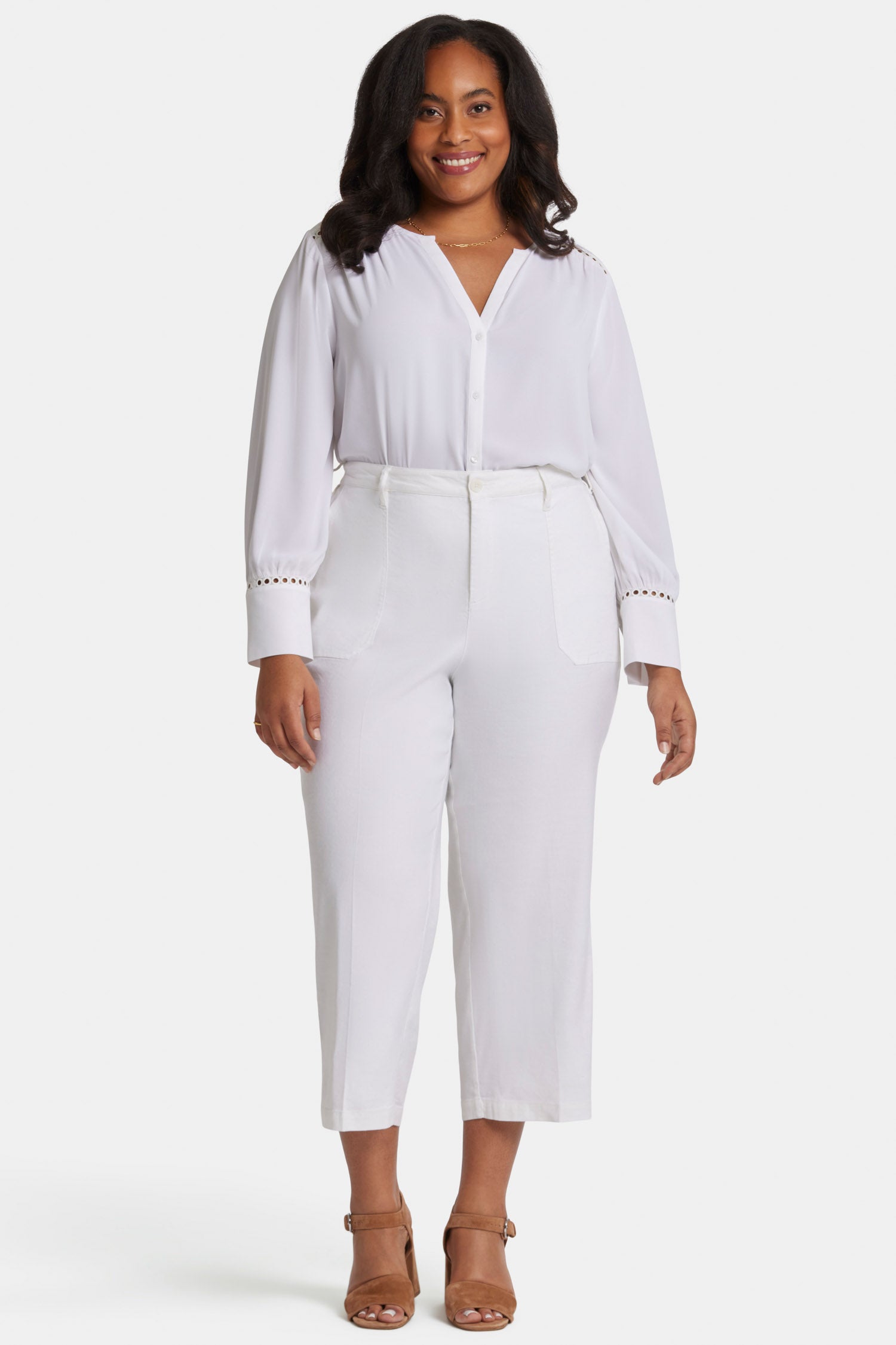 NYDJ Wide Leg Cargo Capri Pants In Plus Size In Stretch Linen - Optic White