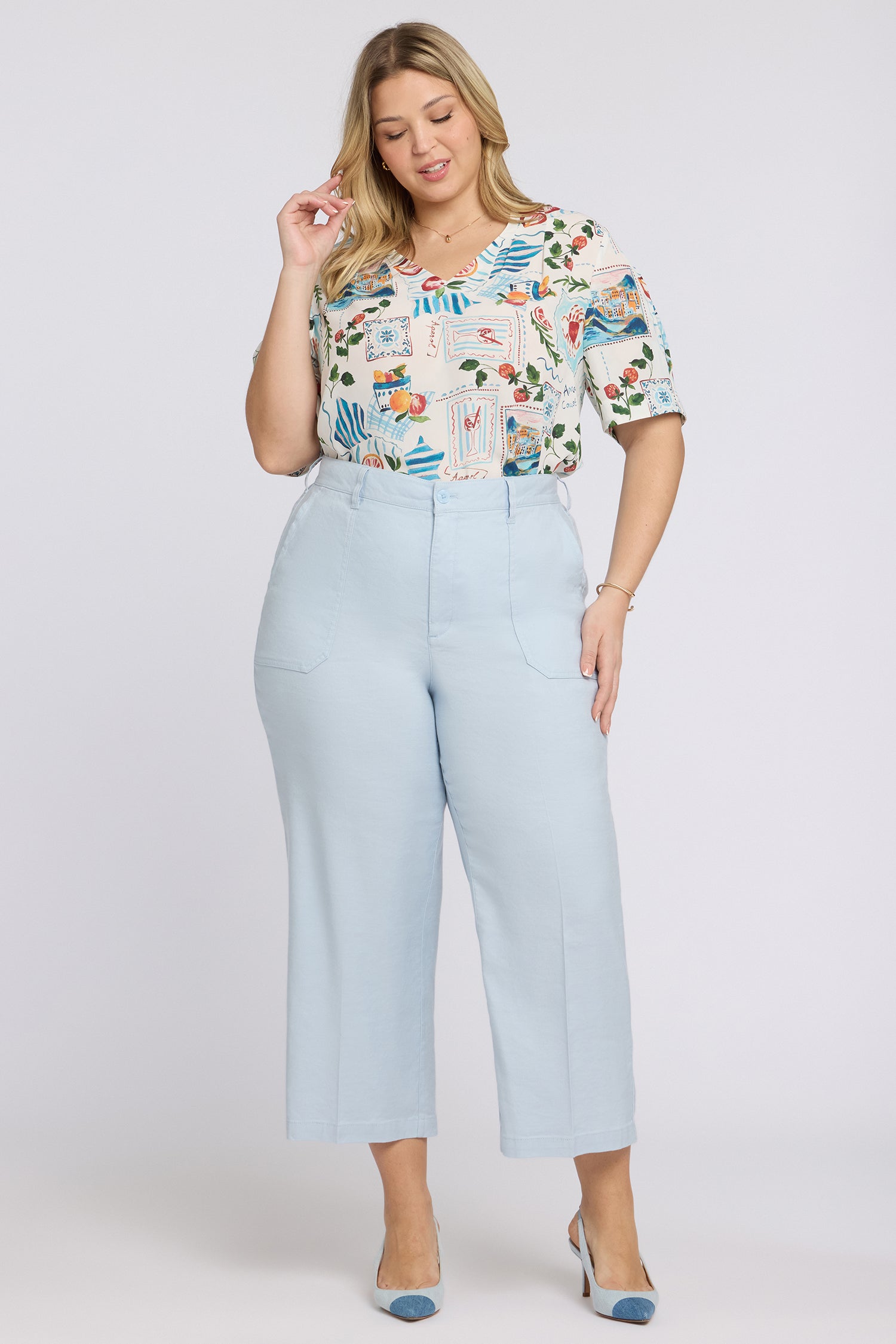 NYDJ Wide Leg Cargo Capri Pants In Plus Size In Stretch Linen - Blue Clover