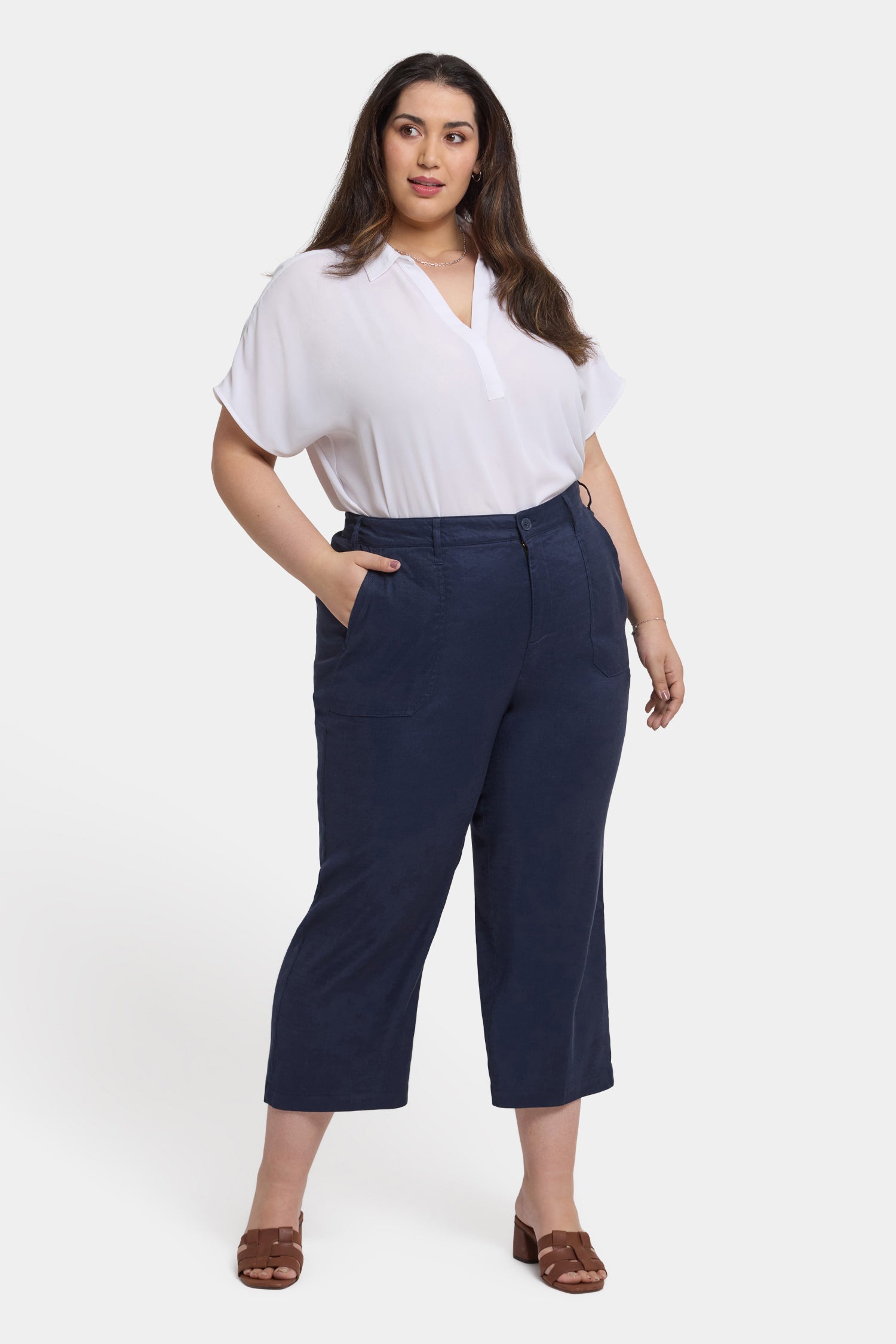 NYDJ Wide Leg Cargo Capri Pants In Plus Size In Stretch Linen - Oxford Navy