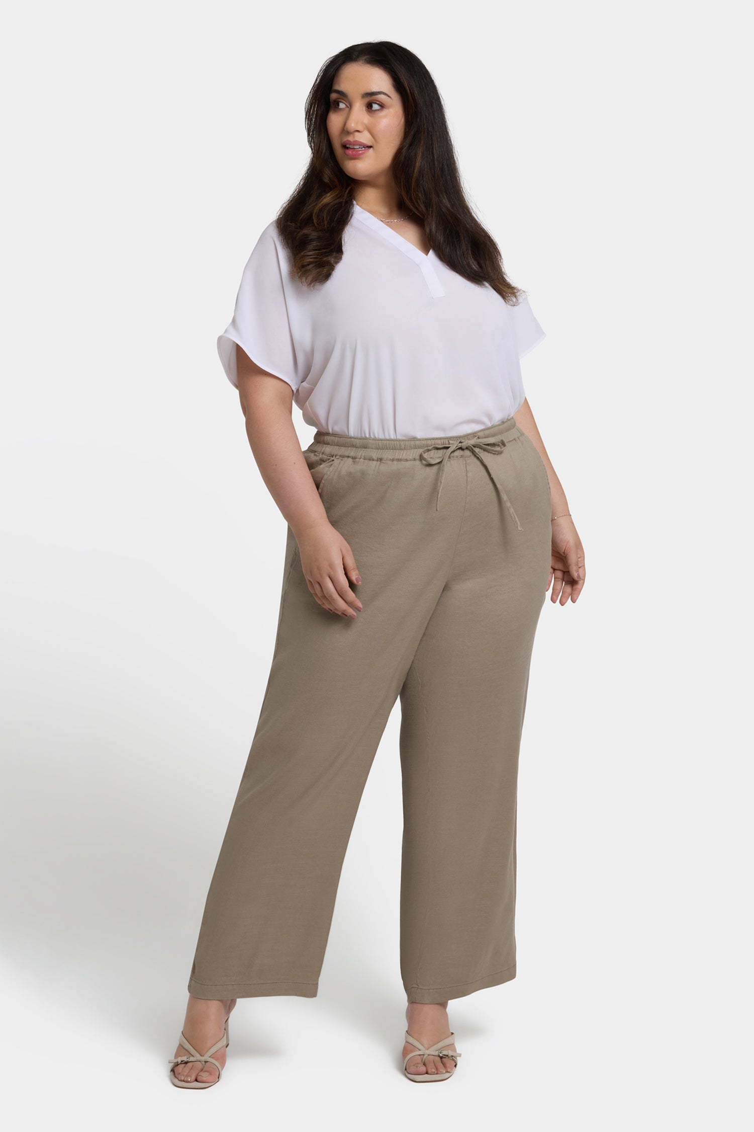 NYDJ Relaxed Drawstring Pull-On Pants In Plus Size In Stretch Linen - Saddlewood