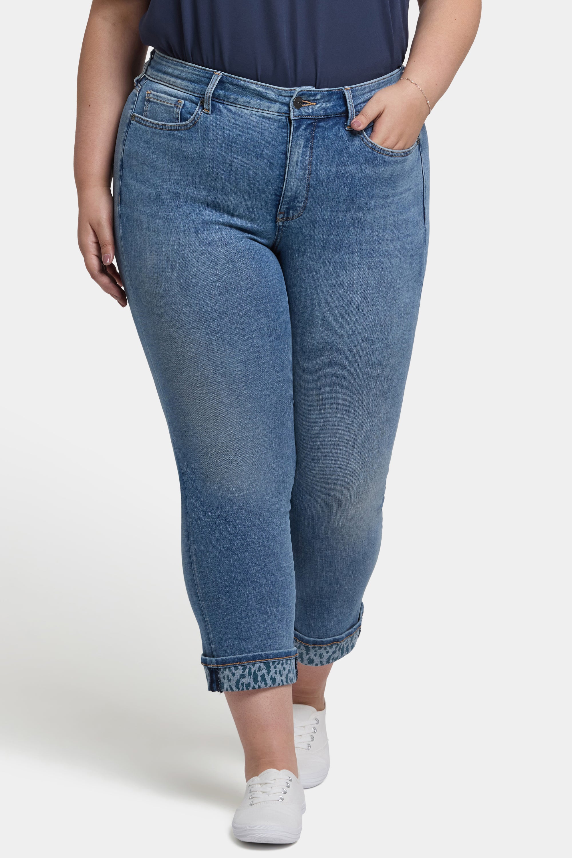 NYDJ Marilyn Straight Ankle Jeans In Plus Size With Leopard Print Cuffs - Barcelona Breeze
