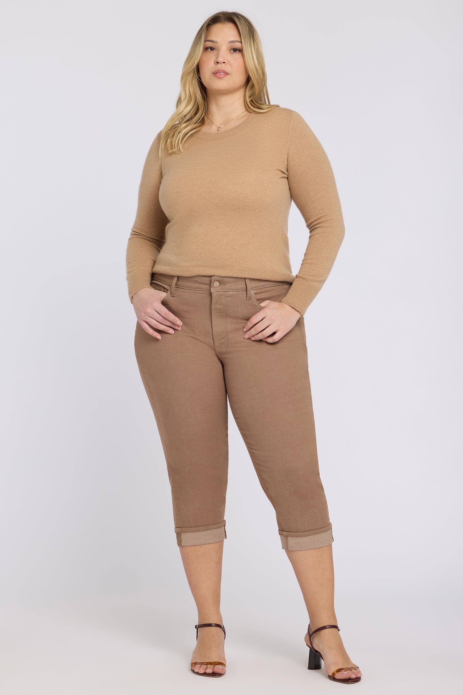 NYDJ Marilyn Straight Crop Jeans In Plus Size In Cool Embrace® Denim With Cuffs - Toasted Coconut
