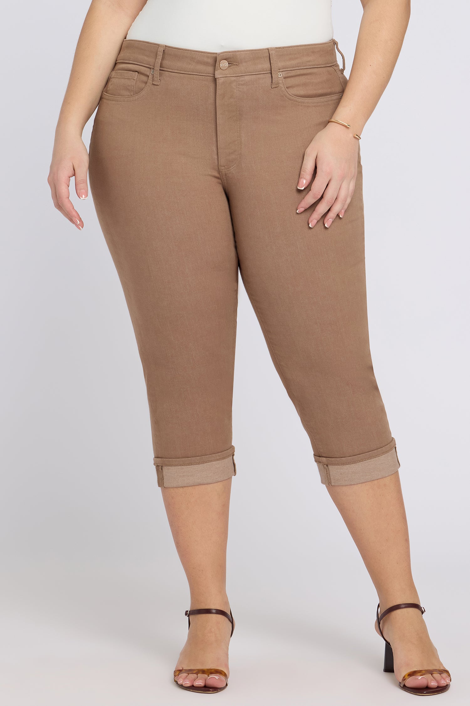 NYDJ Marilyn Straight Crop Jeans In Plus Size In Cool Embrace® Denim With Cuffs - Toasted Coconut