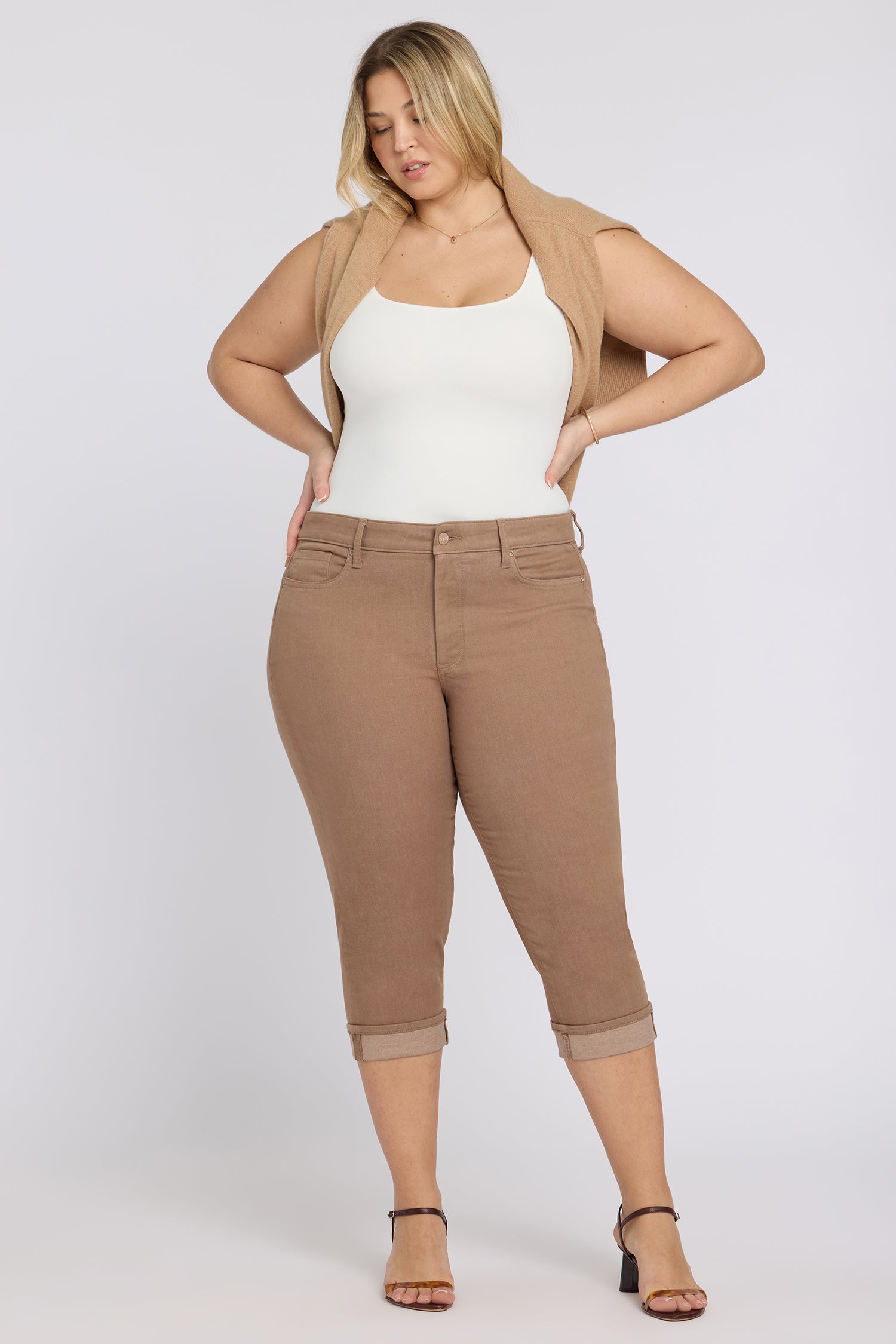 NYDJ Marilyn Straight Crop Jeans In Plus Size In Cool Embrace® Denim With Cuffs - Toasted Coconut