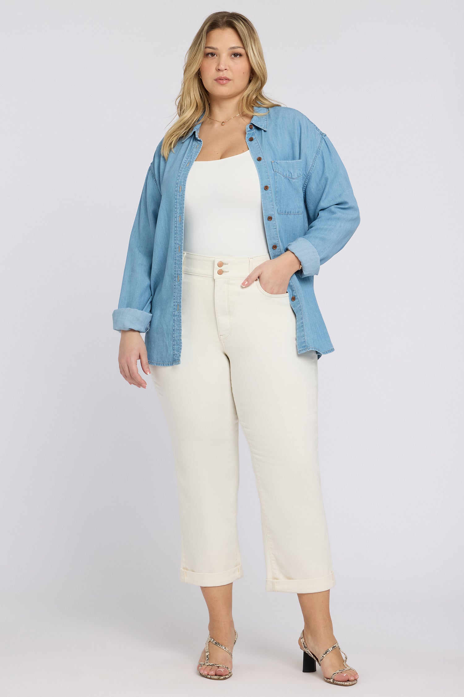NYDJ Bailey Relaxed Straight Crop Jeans In Plus Size In Cool Embrace® Denim With High Rise And Roll Cuffs - Vintage White