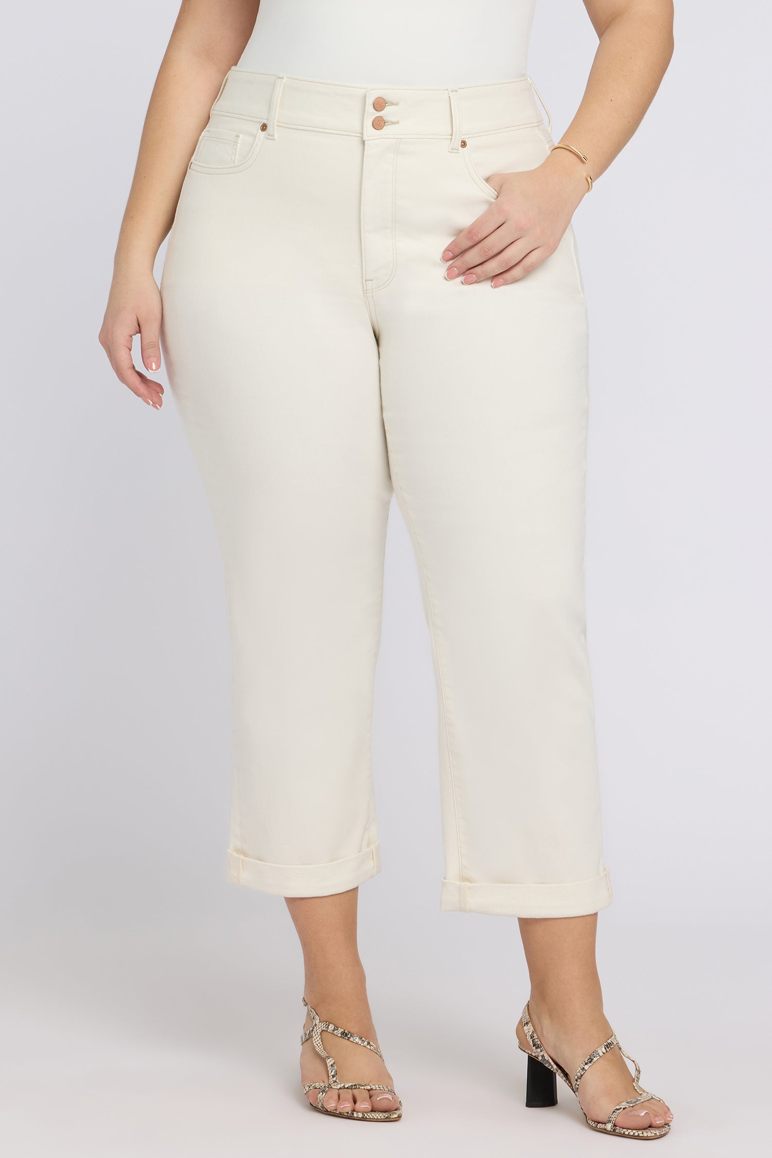NYDJ Bailey Relaxed Straight Crop Jeans In Plus Size In Cool Embrace® Denim With High Rise And Roll Cuffs - Vintage White