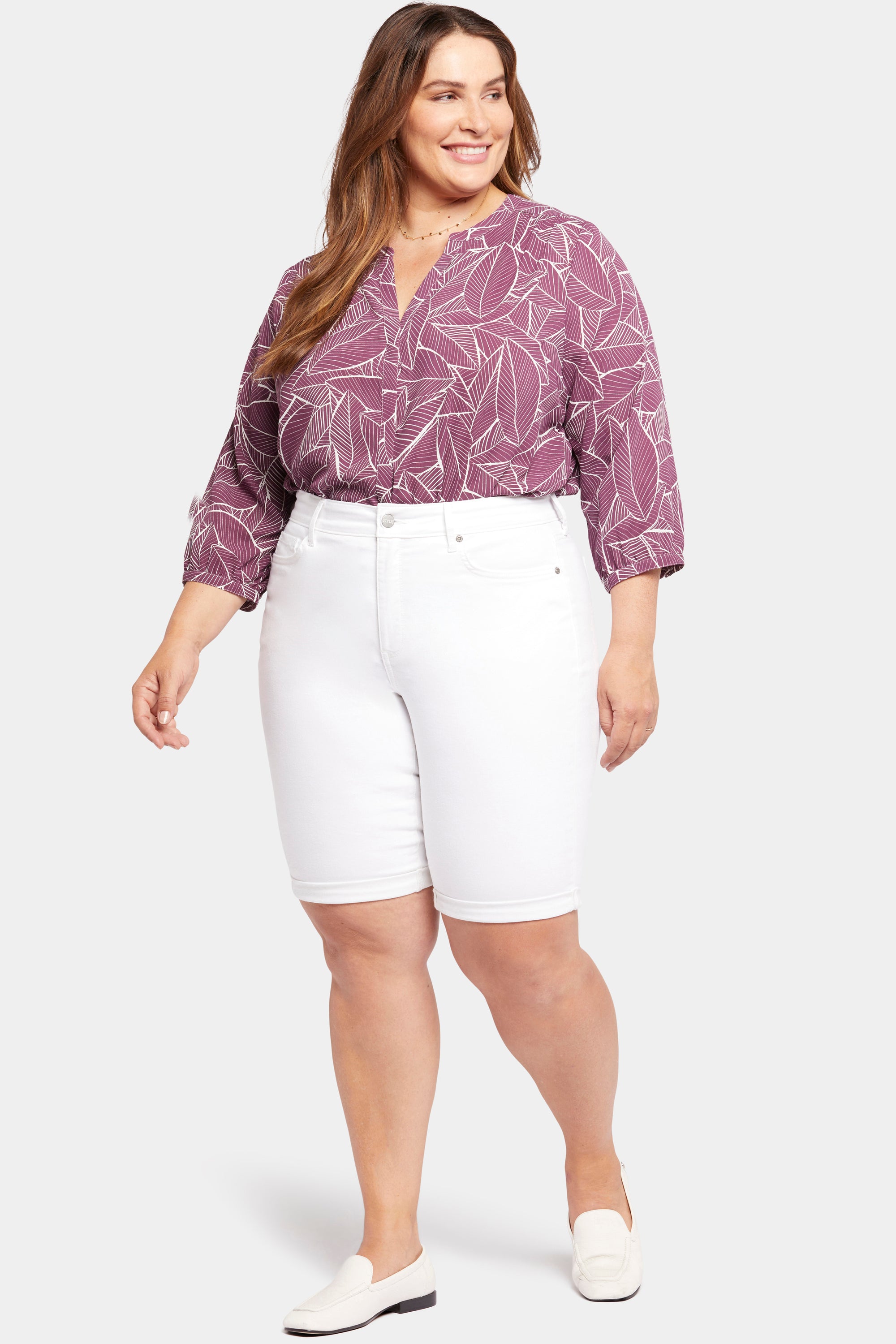 NYDJ Briella 11 Inch Denim Shorts In Plus Size With Roll Cuffs - Optic White