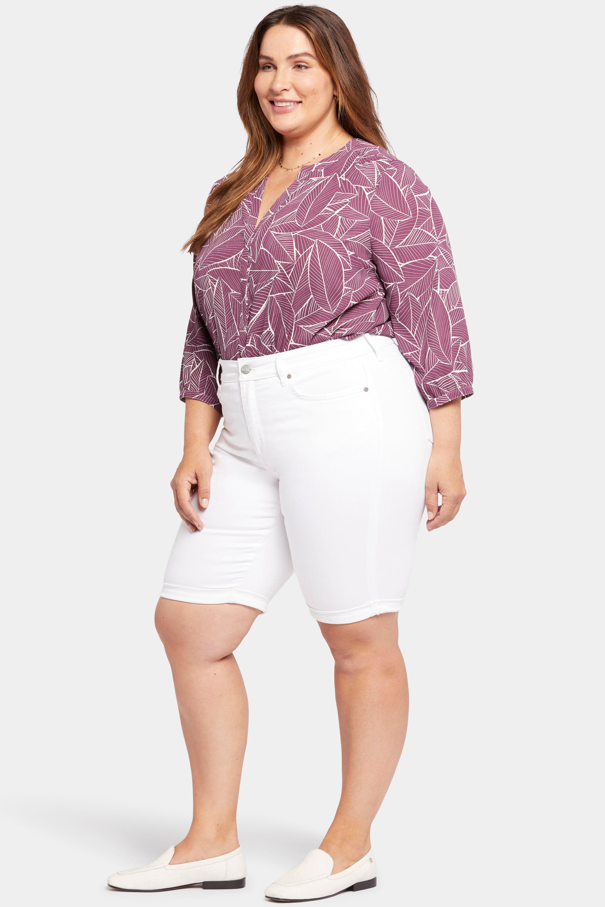 NYDJ Briella 11 Inch Denim Shorts In Plus Size With Roll Cuffs - Optic White