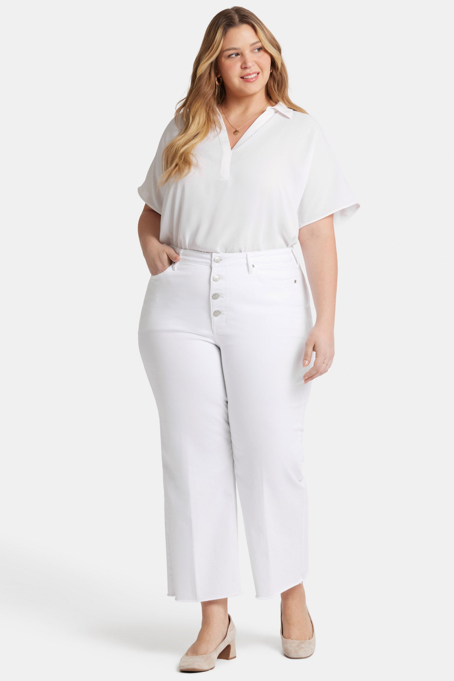 NYDJ Teresa Wide Leg Ankle Jeans In Plus Size With High Rise And Frayed Hems - Optic White