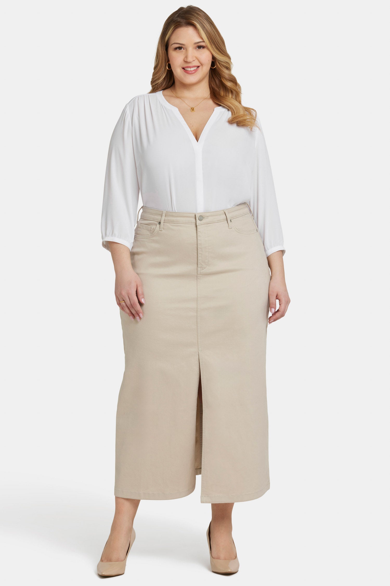 NYDJ High Rise Long Skirt In Plus Size With Center Front Slit - Feather