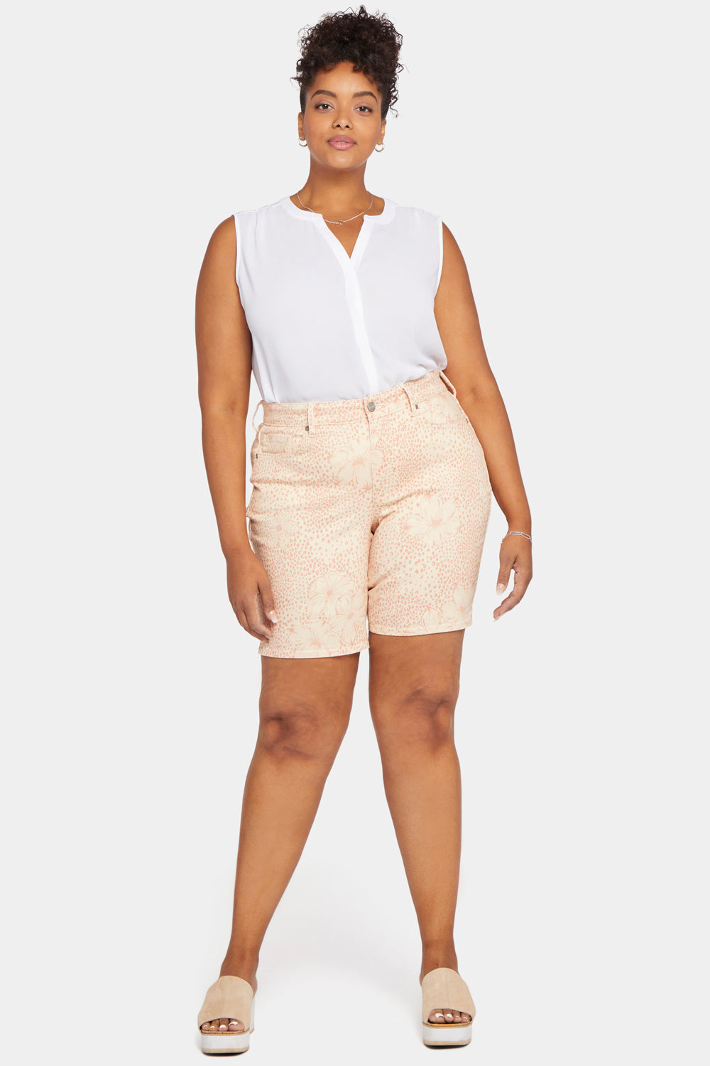 Blush Leopard Floral Print Ella Plus Size Denim Shorts - Front View On Model | NYDJ Apparel