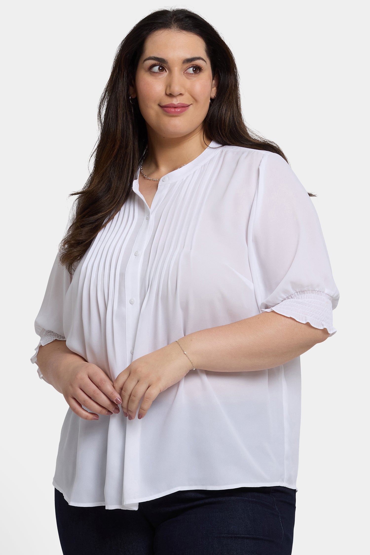 NYDJ Pleated Short Sleeved Blouse In Plus Size  - Optic White
