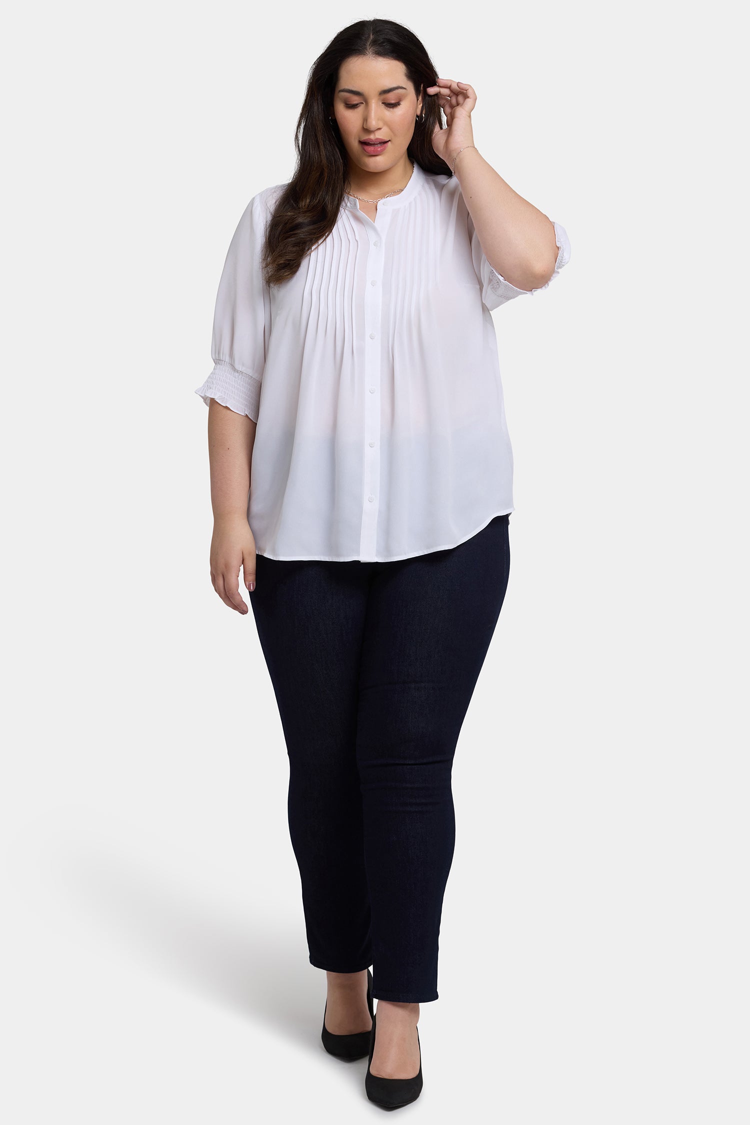 NYDJ Pleated Short Sleeved Blouse In Plus Size  - Optic White
