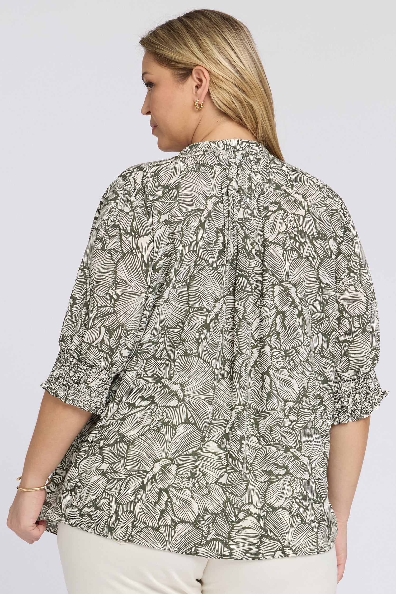 NYDJ Pleated Short Sleeved Blouse In Plus Size  - Leafy Rose