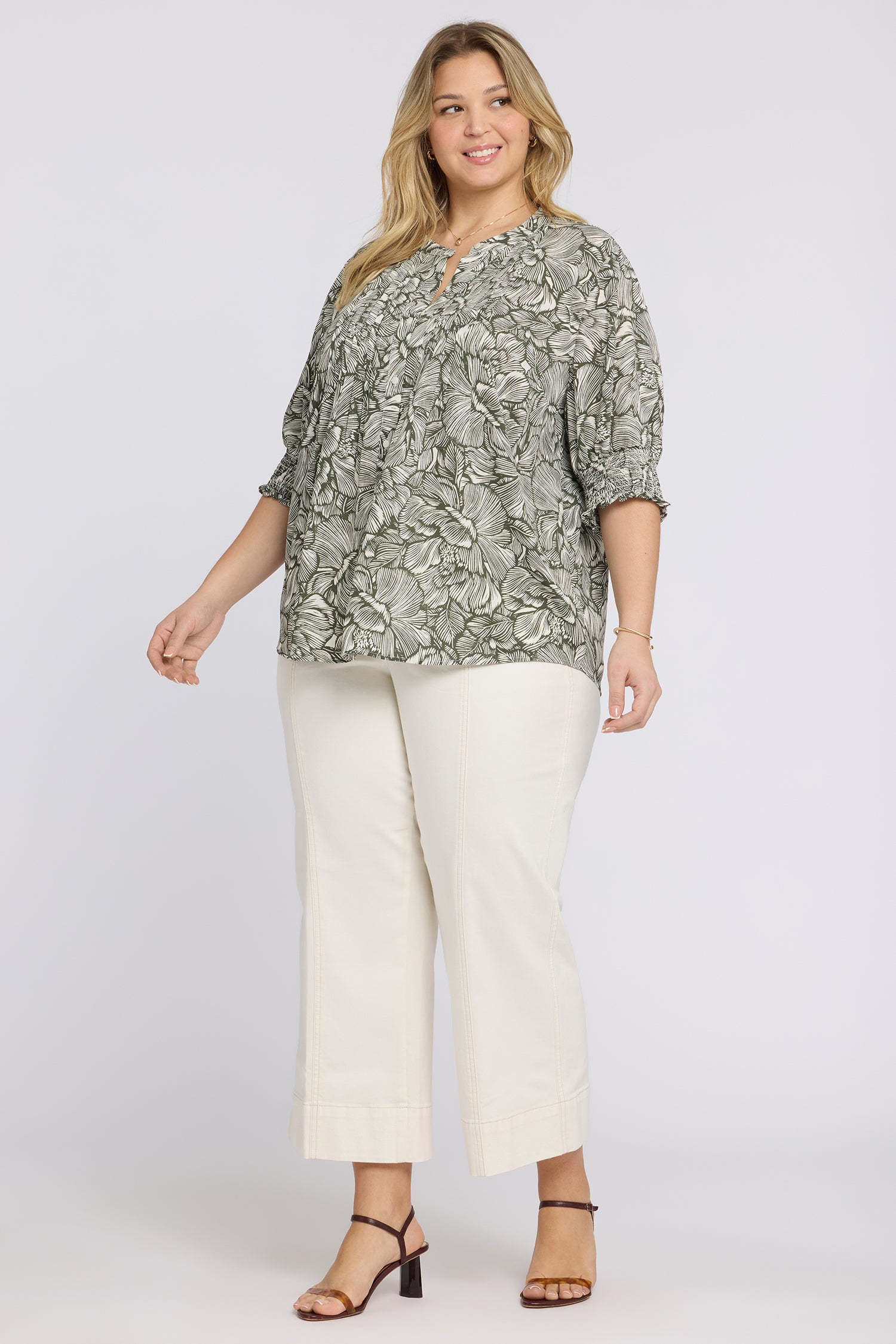 NYDJ Pleated Short Sleeved Blouse In Plus Size  - Leafy Rose