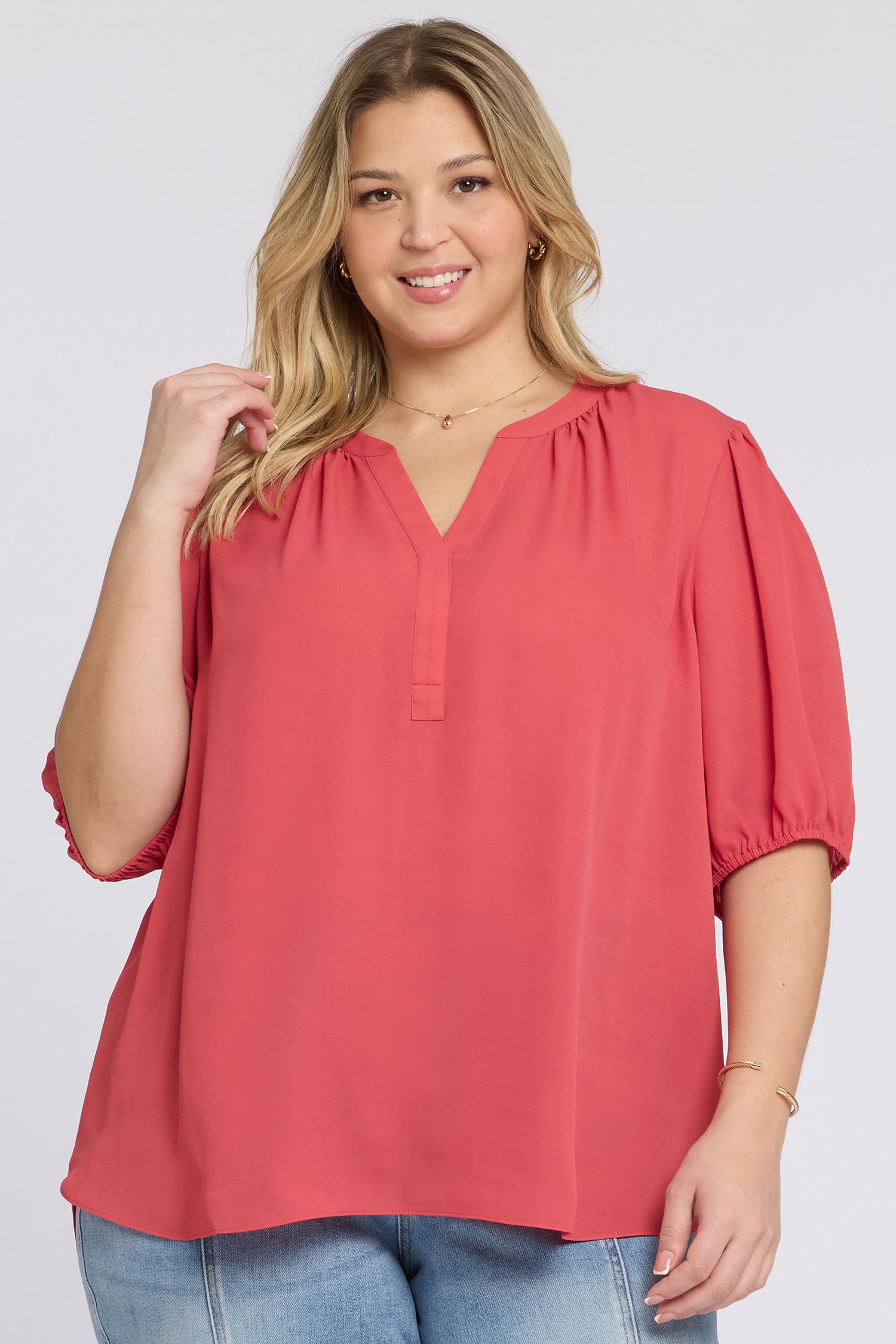 NYDJ Short Puff Sleeved Popover Top in Plus Size  - Chrysanthemum