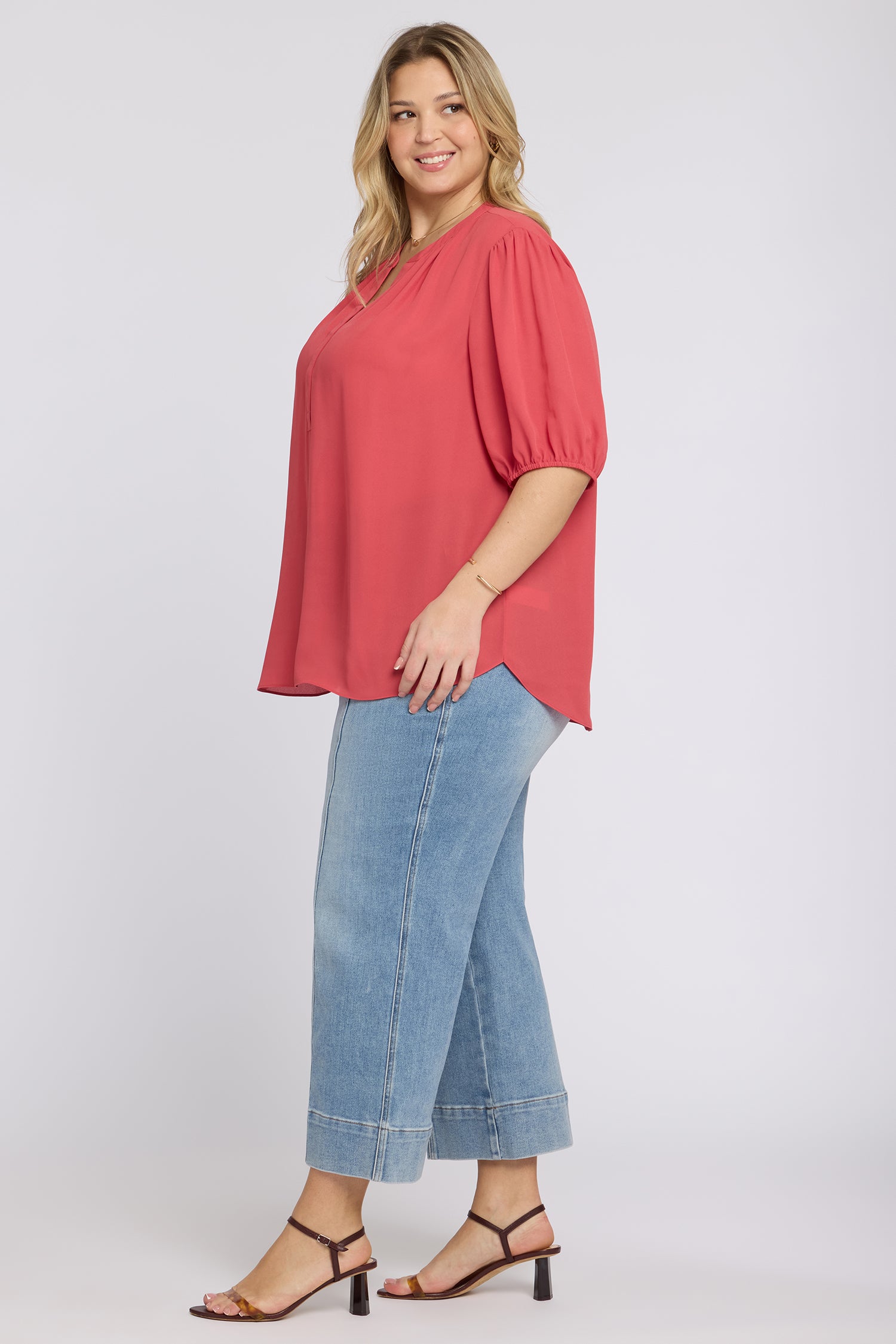 NYDJ Short Puff Sleeved Popover Top in Plus Size  - Chrysanthemum
