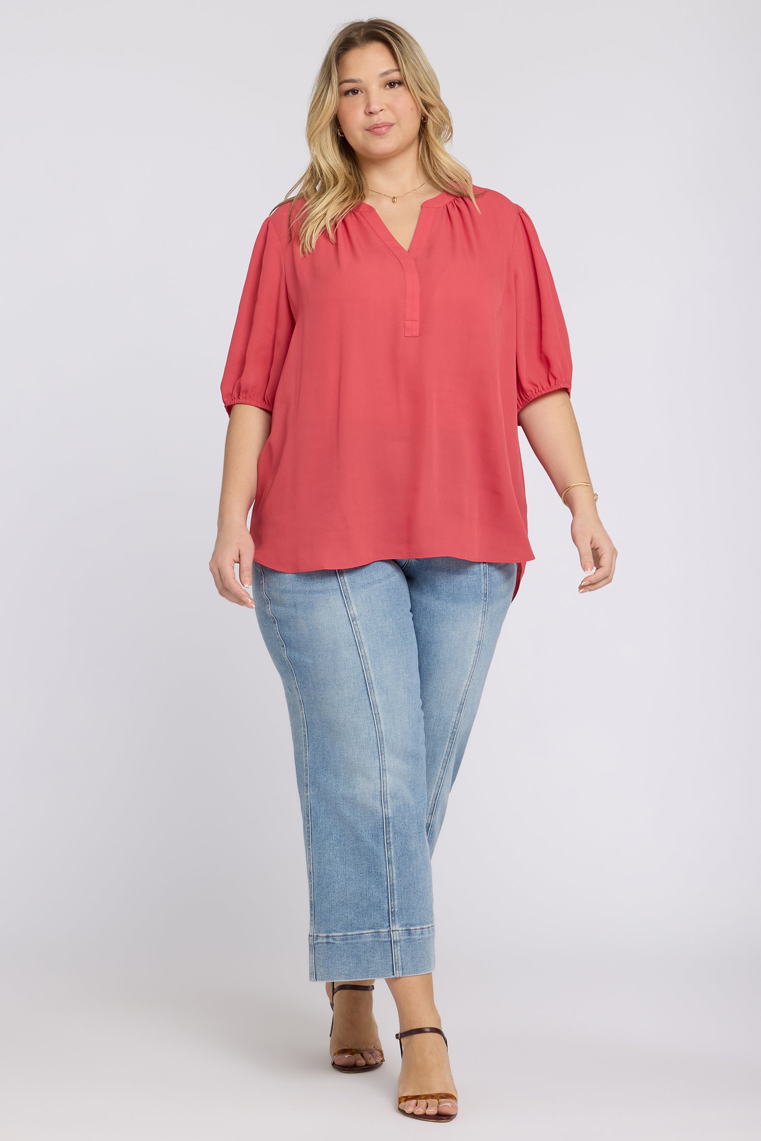 NYDJ Short Puff Sleeved Popover Top in Plus Size  - Chrysanthemum