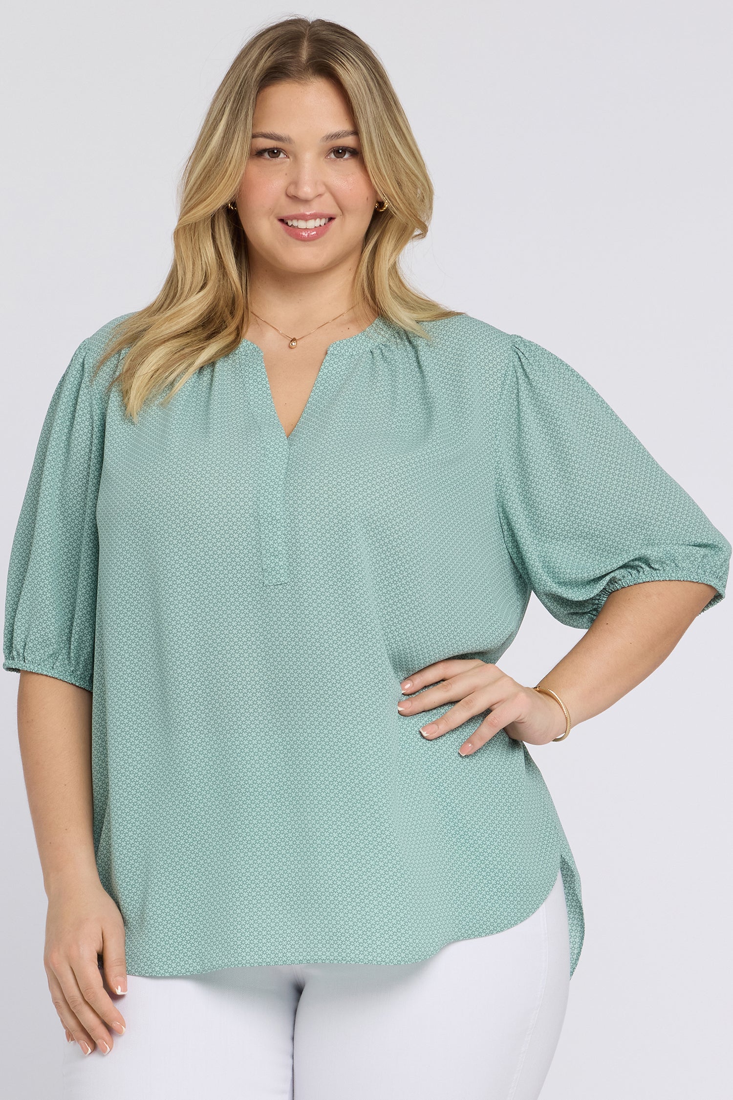 NYDJ Short Puff Sleeved Popover Top In Plus Size  - Valley of Daisies