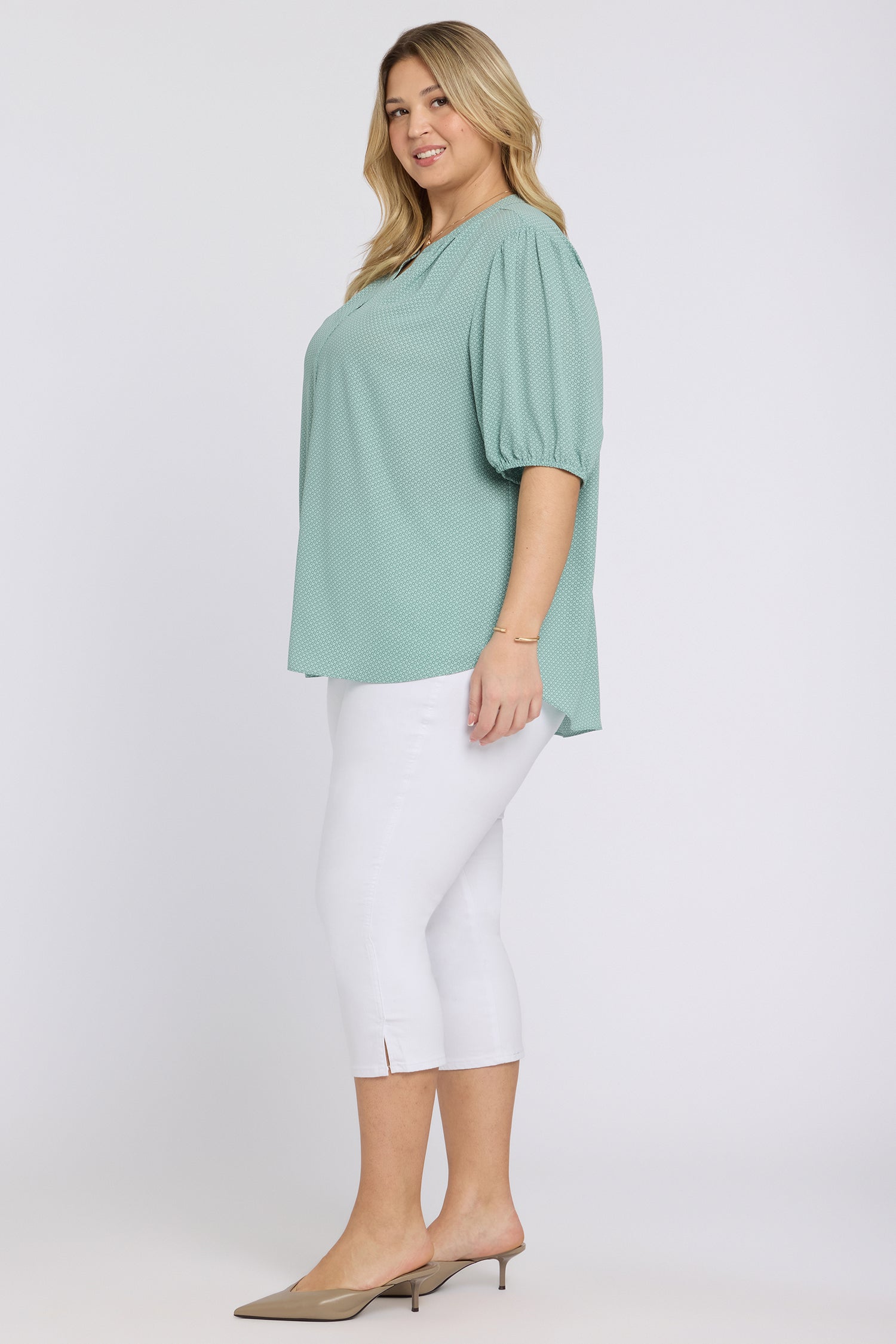 NYDJ Short Puff Sleeved Popover Top In Plus Size  - Valley of Daisies