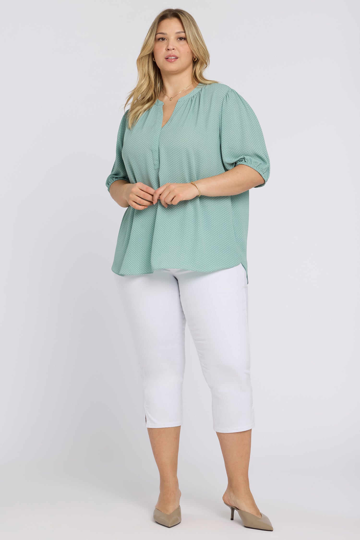 NYDJ Short Puff Sleeved Popover Top In Plus Size  - Valley of Daisies