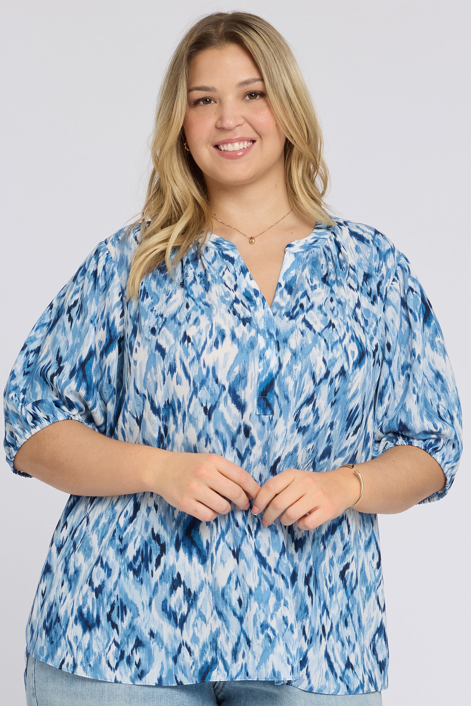 NYDJ Short Puff Sleeved Popover Top In Plus Size  - Blue Visions