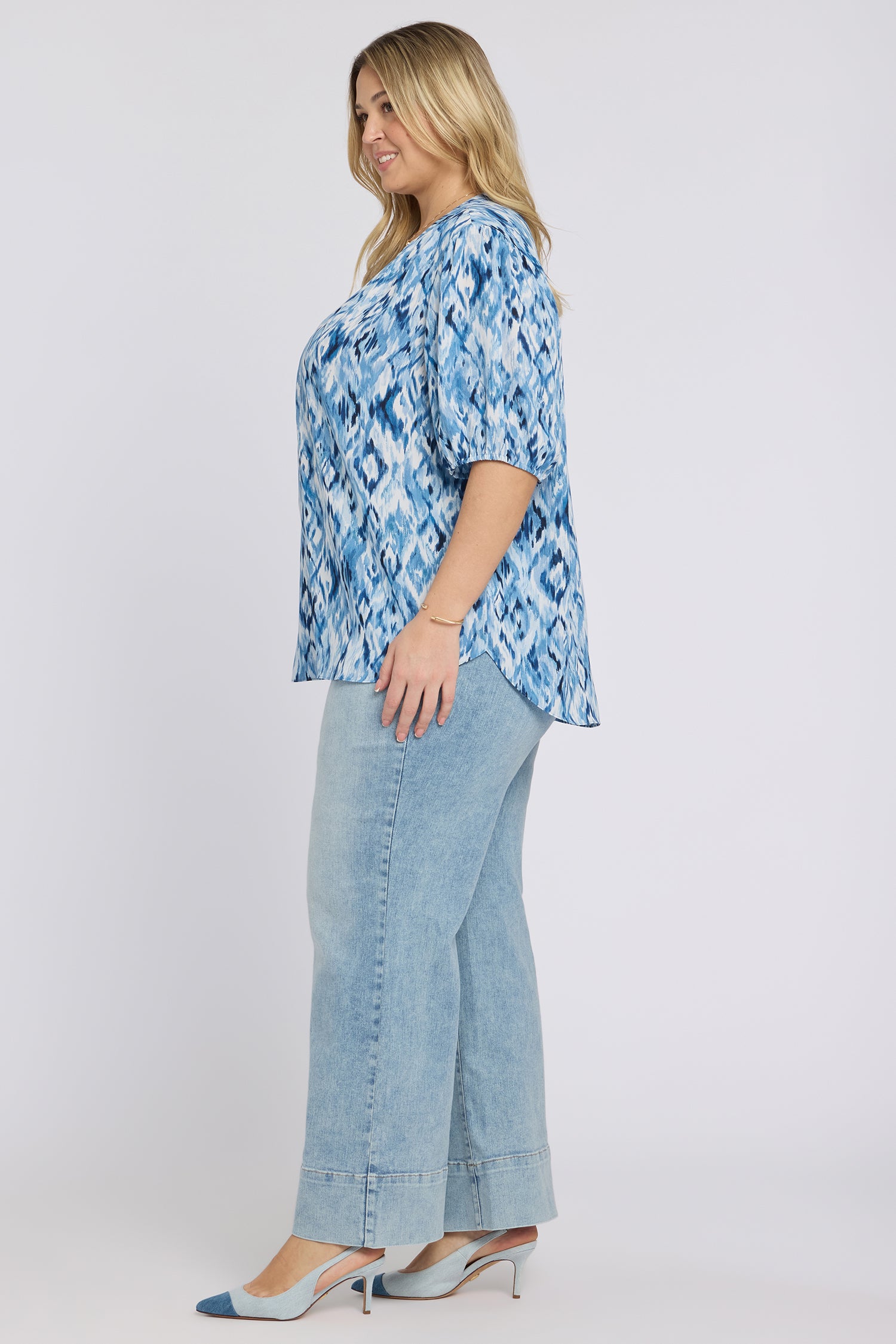 NYDJ Short Puff Sleeved Popover Top In Plus Size  - Blue Visions