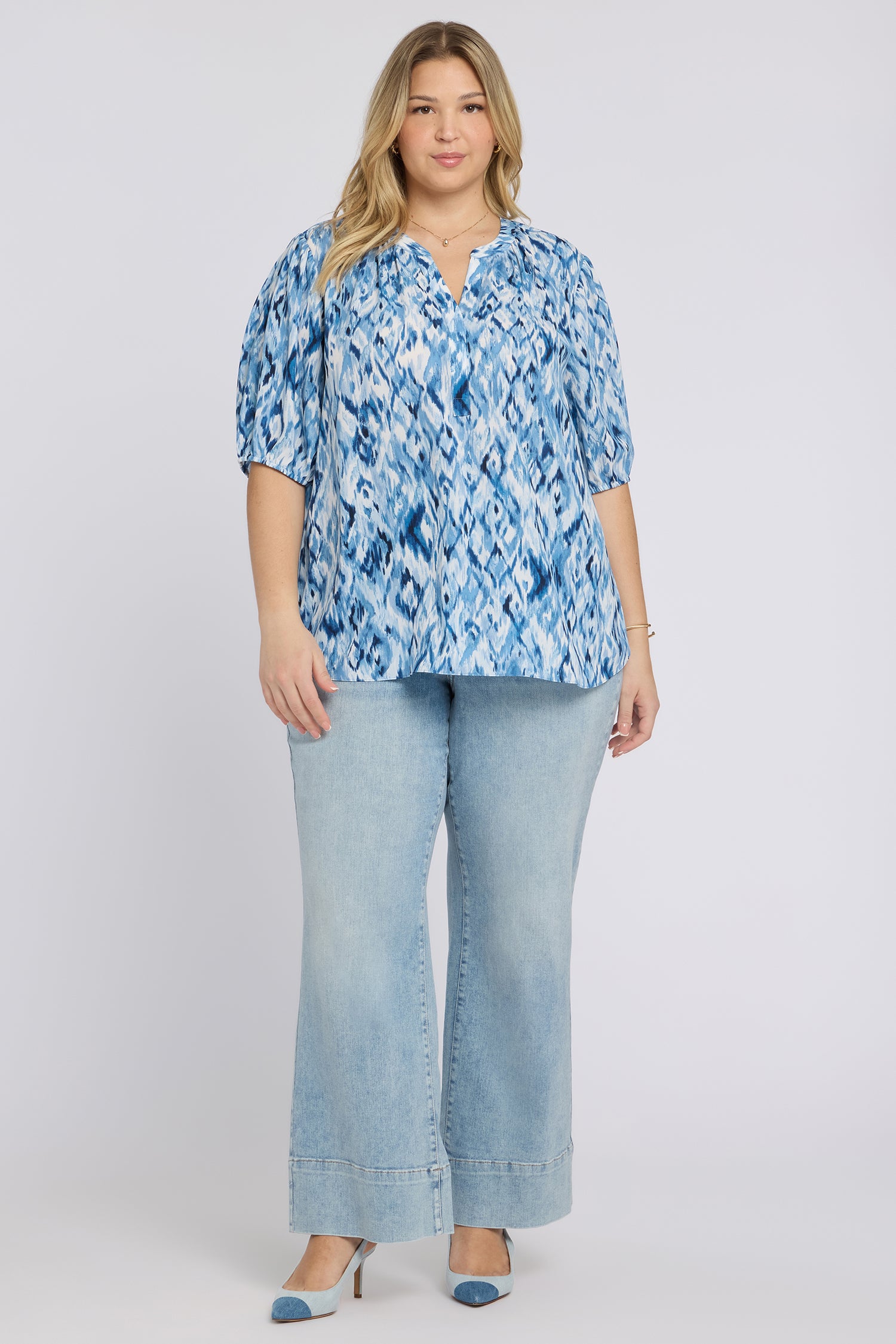 NYDJ Short Puff Sleeved Popover Top In Plus Size  - Blue Visions